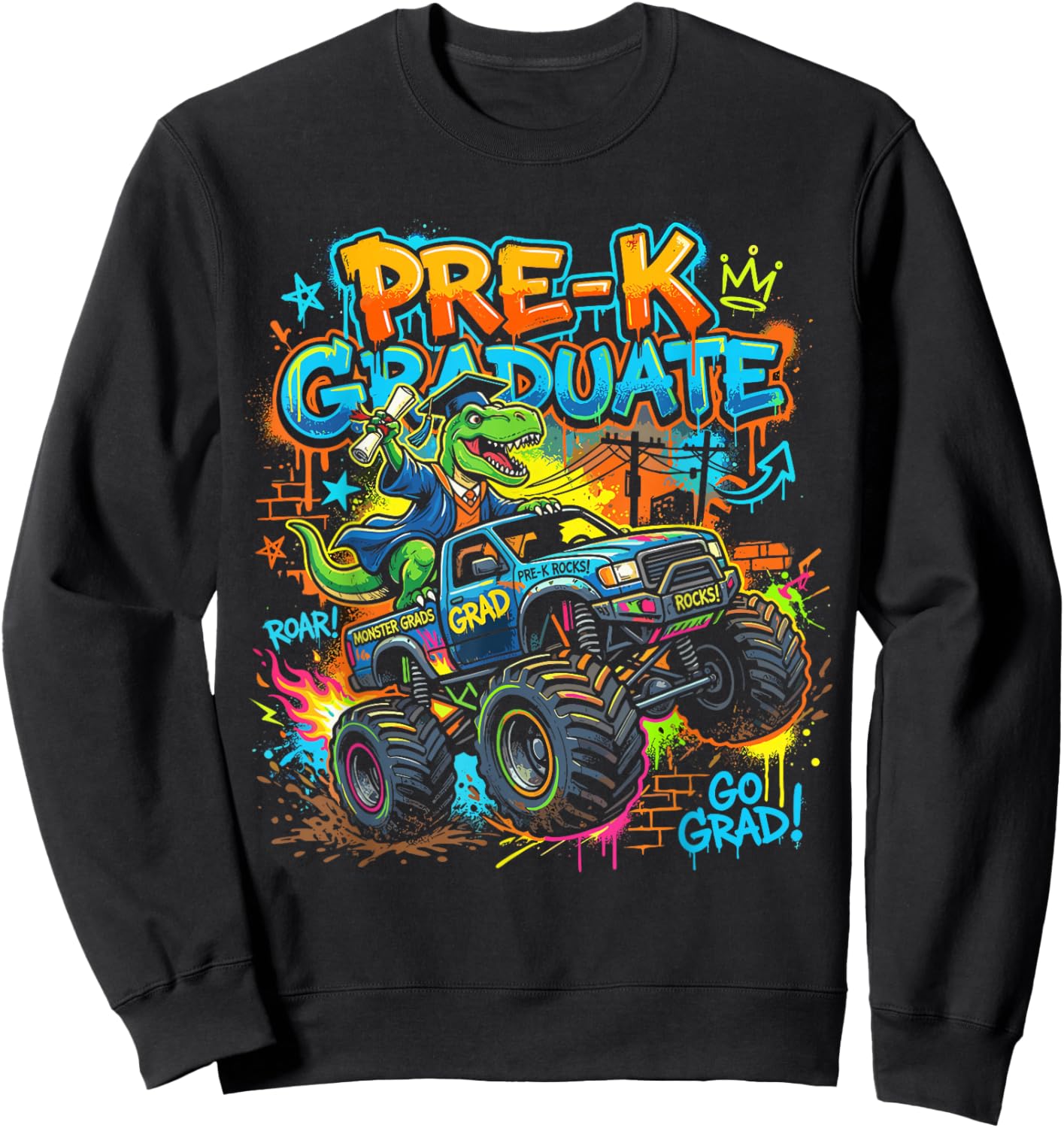 Prek Graduate Dinosaur Monster Truck Pre-K Graduation Boy Sweatshirt - Sweatshirt | Black