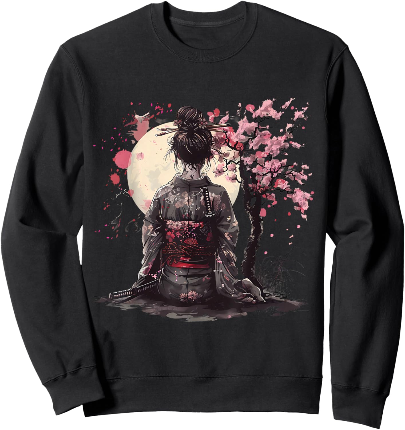 Japanese Samurai Girl Sakura Cherry Blossom Japanese Geisha Sweatshirt - Sweatshirt | Black