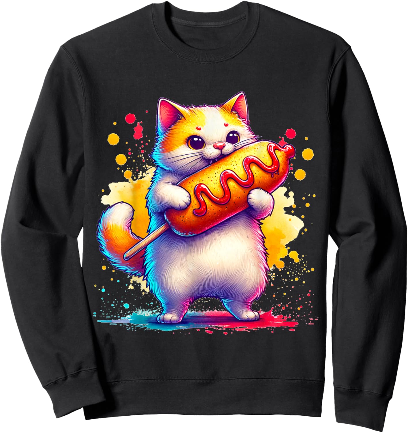 Cute Cat Eating Corndog. Funny Cats And Corndogs Lover Sweatshirt - Sweatshirt | Black