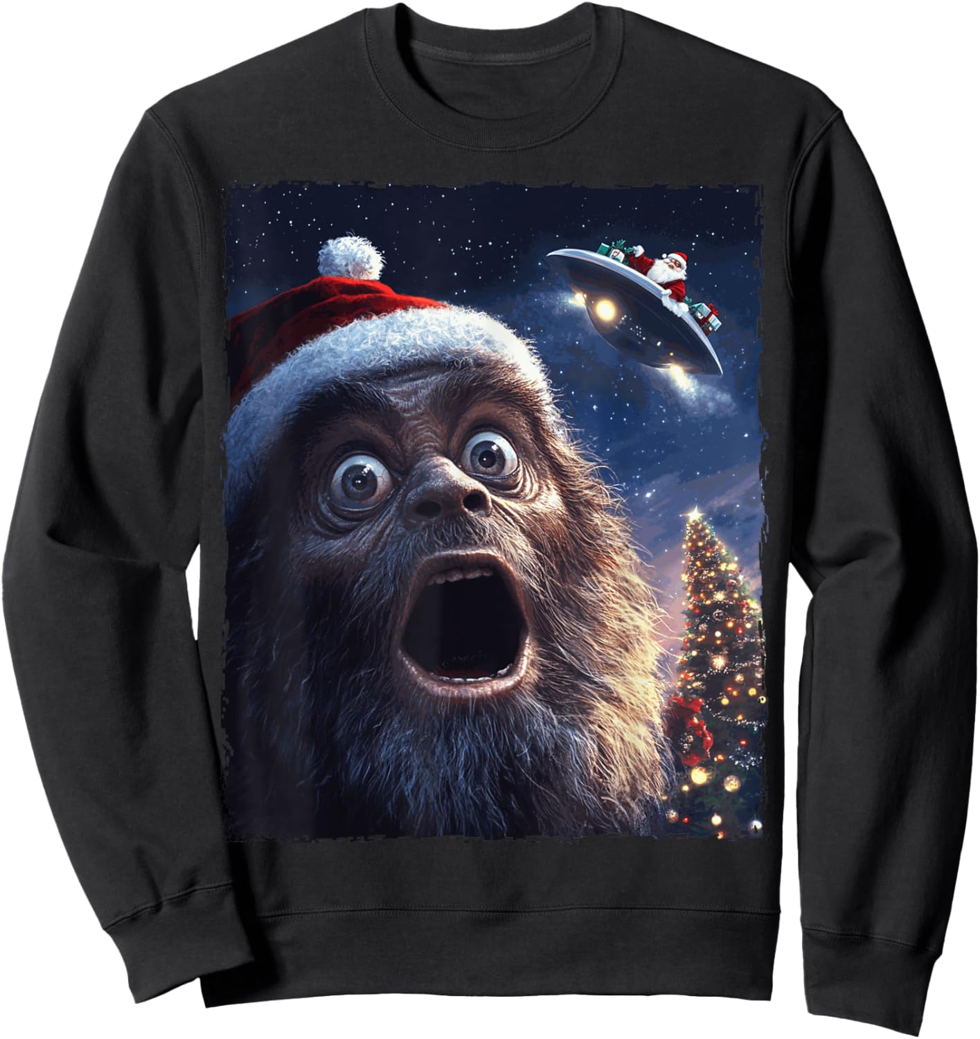 Funny Bigfoot Sasquatch Selfie Santa Ufo Xmas Christmas Sweatshirt - Sweatshirt | Black