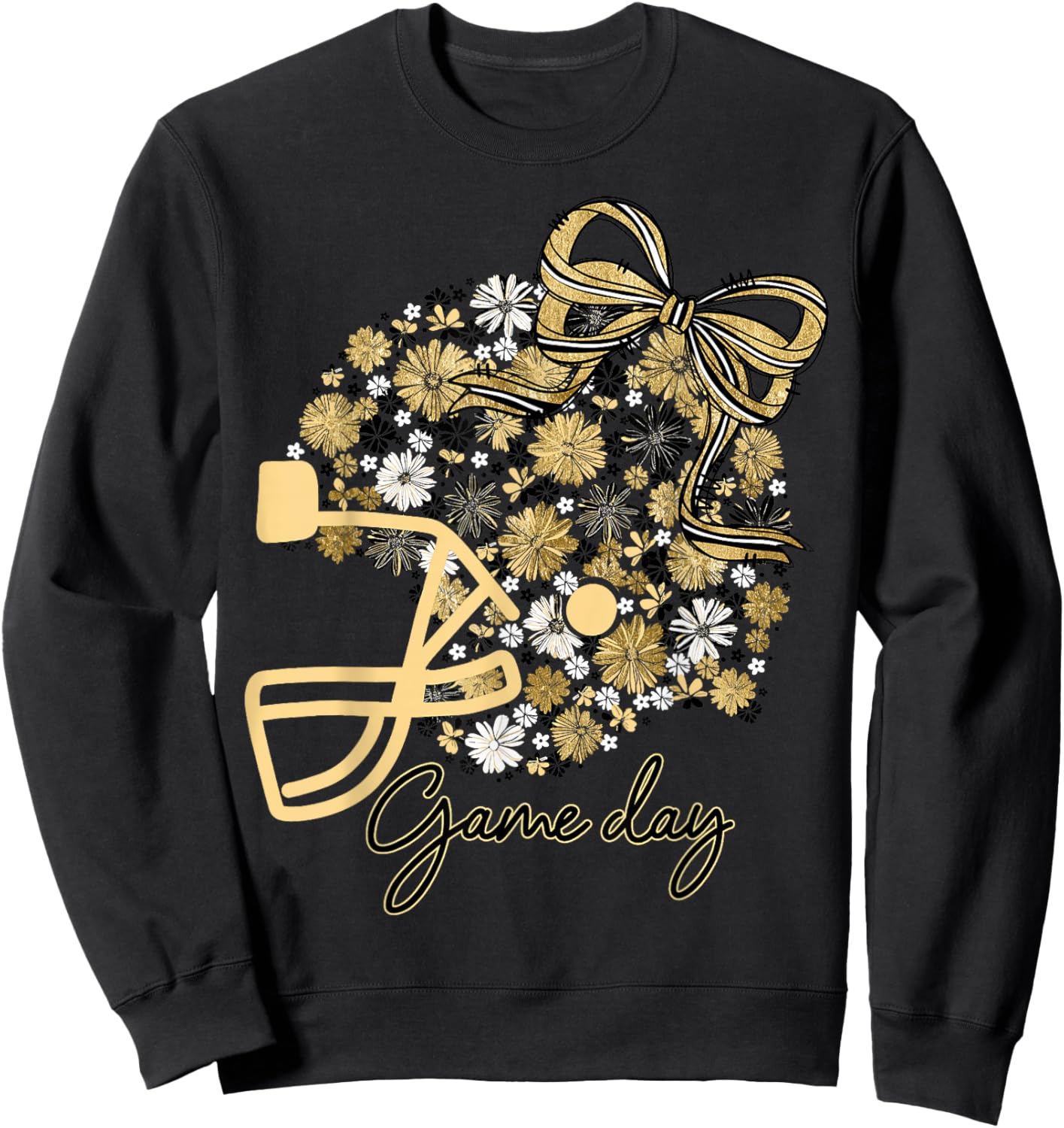 Floral Football Game Day Girly Bow Team Spirit Black & Gold Sweatshirt - Sweatshirt | Black