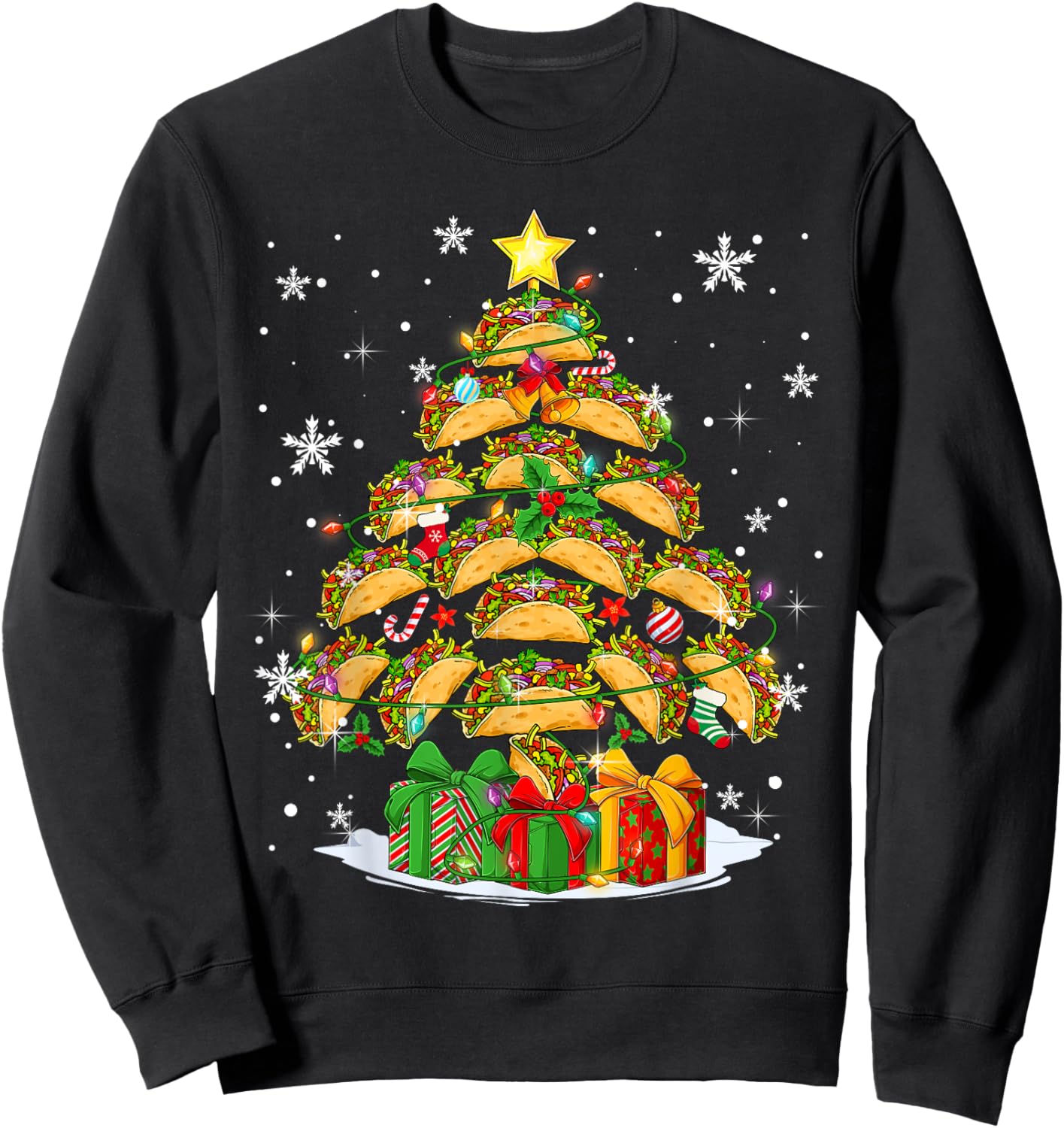 Funny Tacos Christmas Tree Lights Mexican Food Lover Xmas Sweatshirt - Sweatshirt | Black
