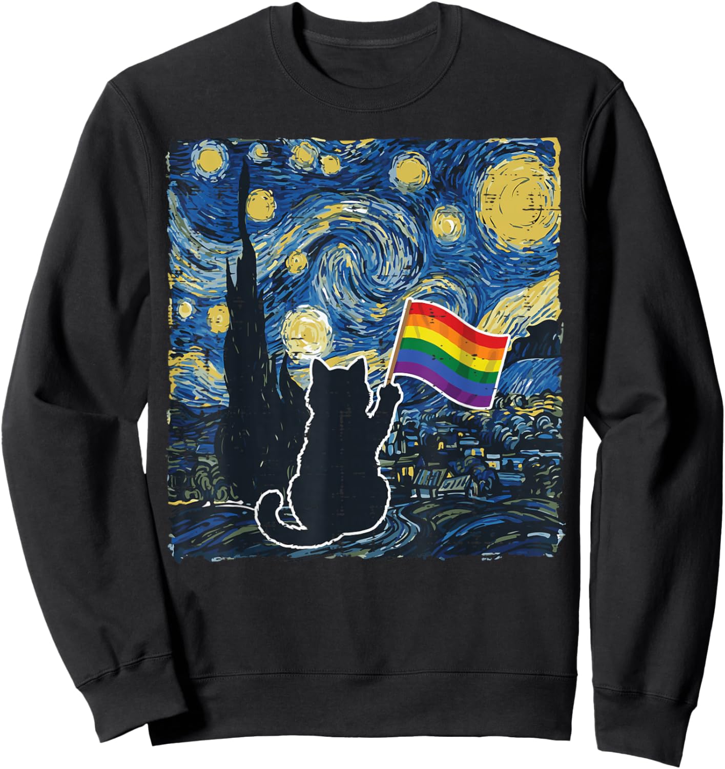 Starry Night Cat Rainbow Flag Funny Gay Pride LGBT Men Women Sweatshirt - Sweatshirt | Black