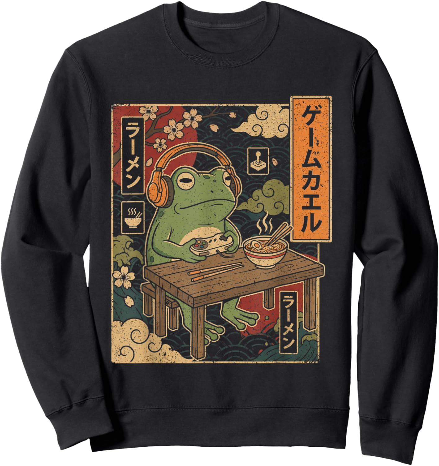 Japanese Gamer Frog Art Men Women Boys Ramen Gaming Sweatshirt - Sweatshirt | Black
