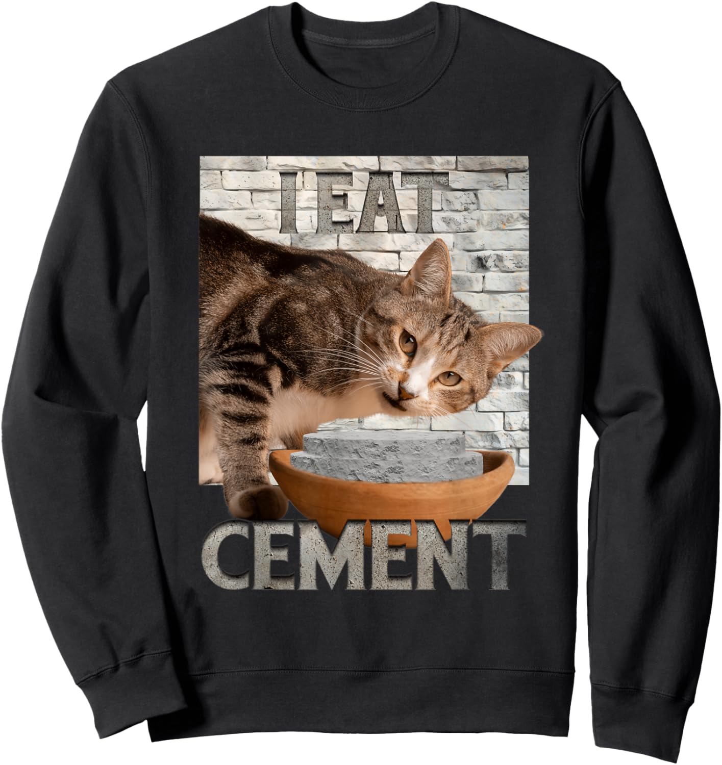 I Eat Cement Humorous Cursed Cat Funny Meme Graphic Sweatshirt - Sweatshirt | Black