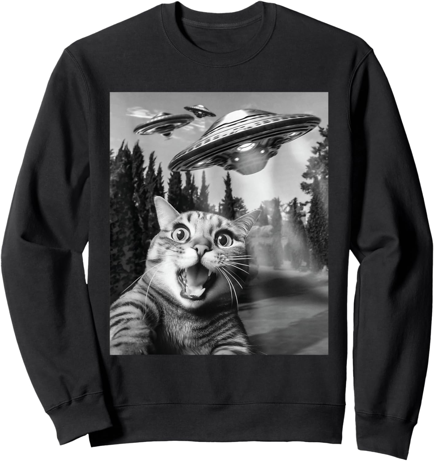 Frightened Cat Selfie With UFOs - Cat Lover Kitten Owner Sweatshirt - Sweatshirt | Black