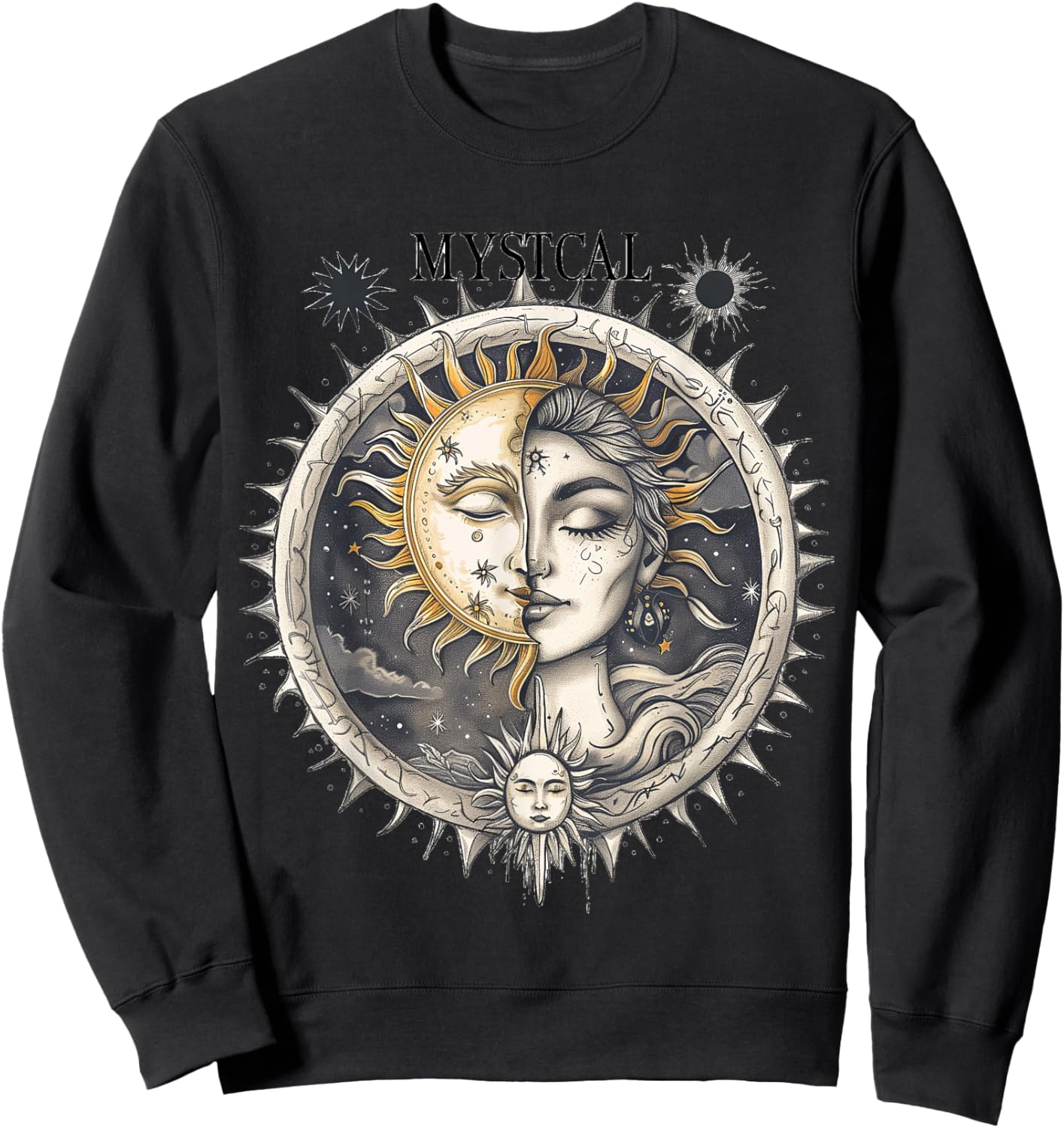 Mystical Sun and Moon with Woman Mystical Flowers Aesthetic Sweatshirt - Sweatshirt | Black