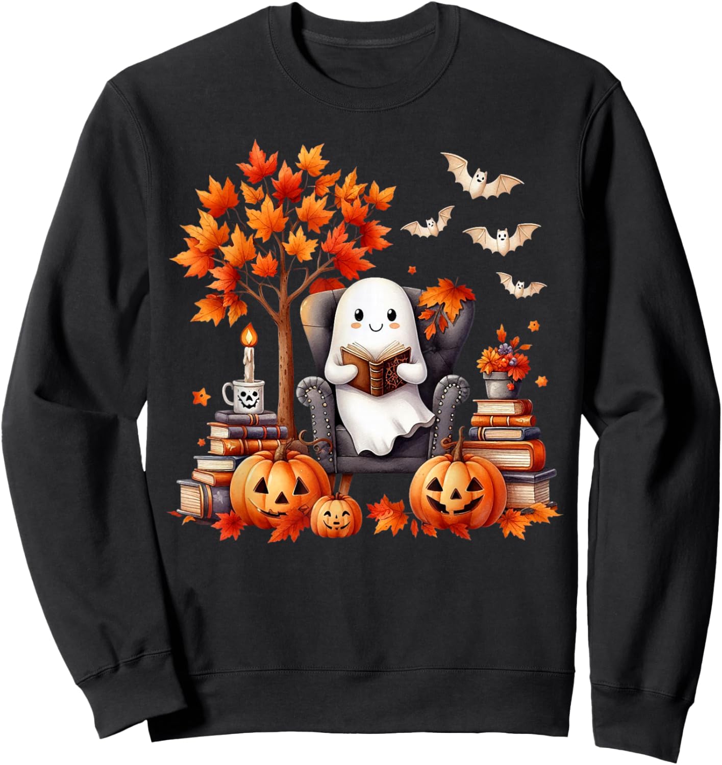 Vintage Ghost Book Reading Pumpkin Gothic Halloween Teachers Sweatshirt - Sweatshirt | Black