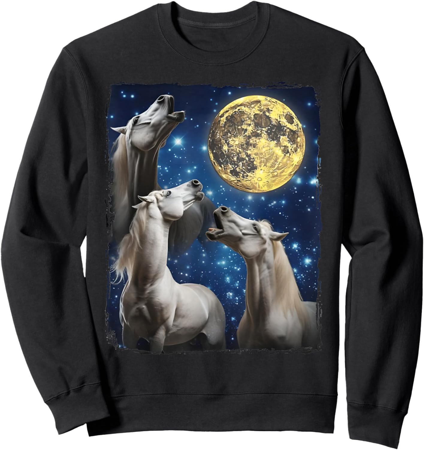 Three Horse Moon | 3 Horses Howling Funny Weird Cursed Meme Sweatshirt - Sweatshirt | Black