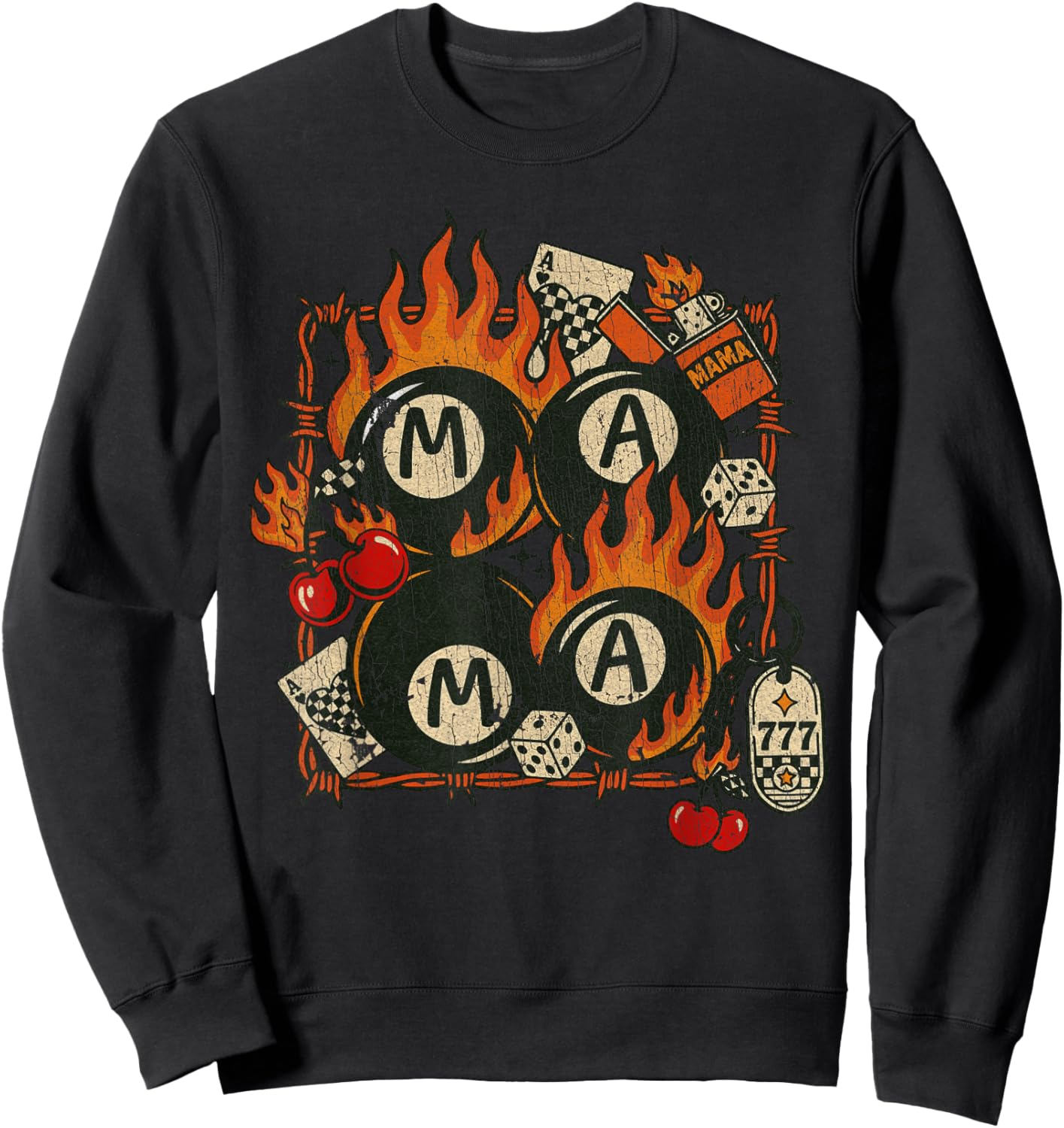Edgy Mama 8 Ball Flames Cherries Vintage Rockabilly Sweatshirt - Sweatshirt | Black