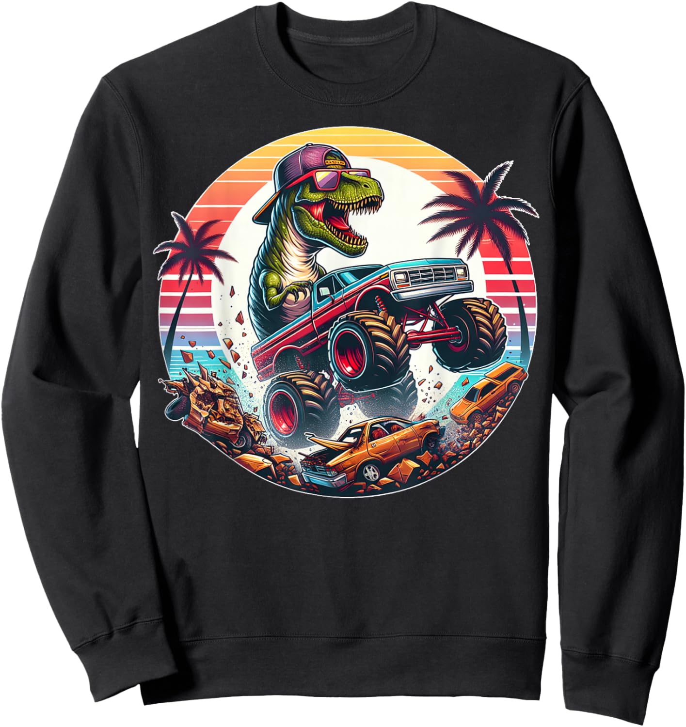 T-rex Dinosaur Monster Truck Vintage Kids Youth Toddlers Jam Sweatshirt - Sweatshirt | Black
