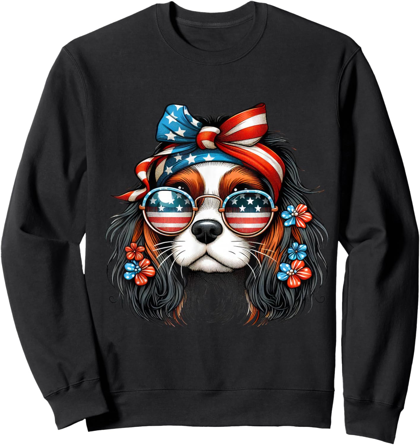 Girl 4th of July With Cavalier King Charles Spaniel Dog Sweatshirt - Sweatshirt | Black