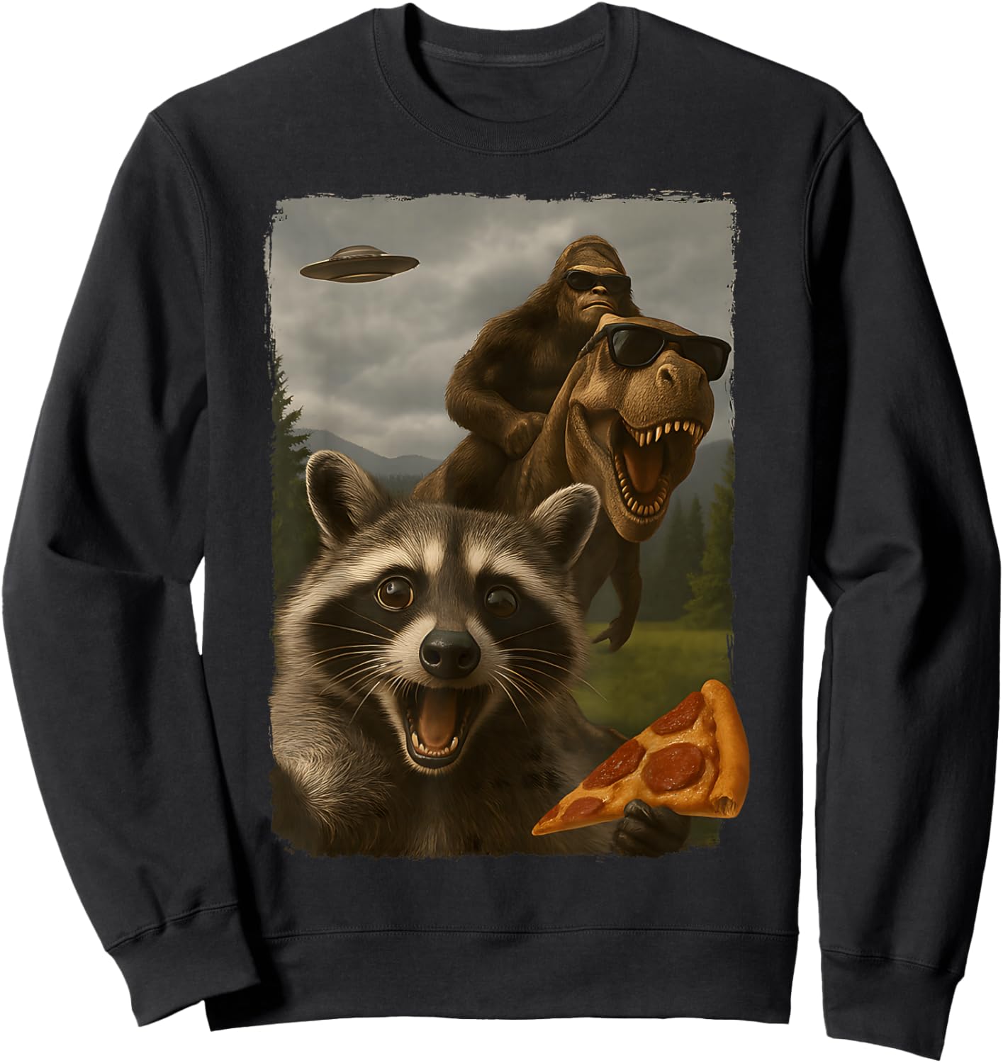 Funny Raccoon Selfie Bigfoot Sasquatch Riding T-Rex UFO Sweatshirt - Sweatshirt | Black