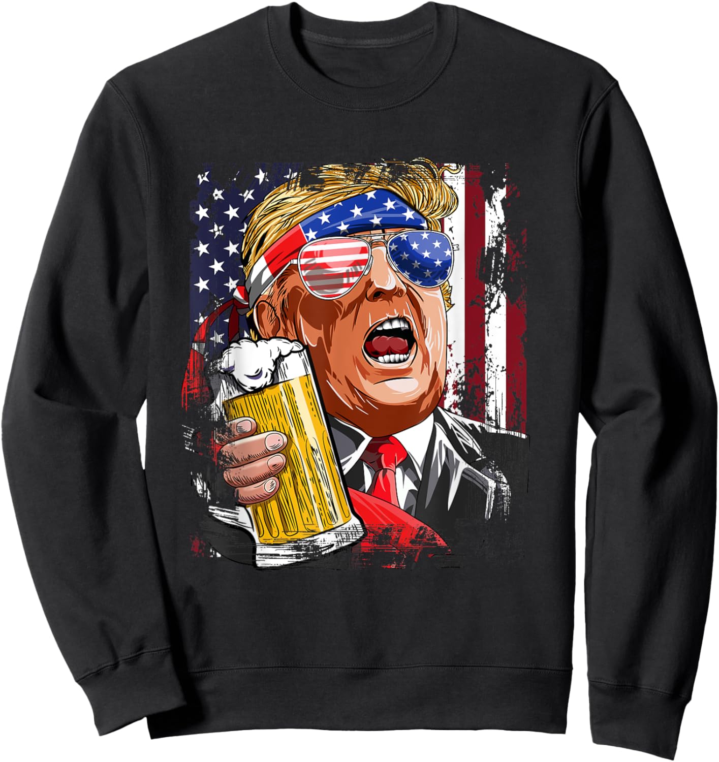 Donald Trump Drinking Beer Merica Trump 4th Of July US Flag Sweatshirt - Sweatshirt | Black
