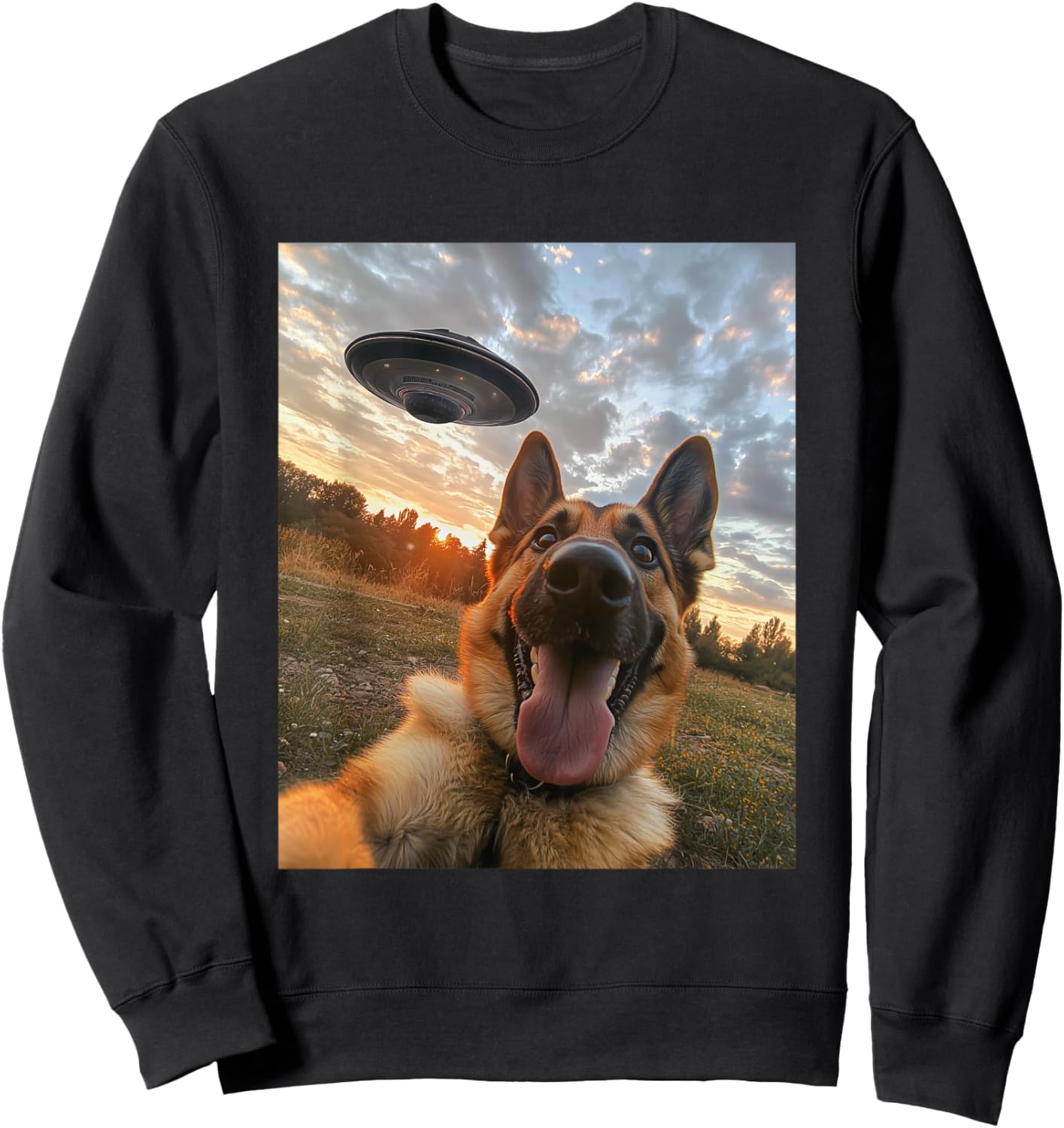 German Shepherd Dog Selfie with UFOs Aliens Funny Graphic Sweatshirt - Sweatshirt | Black