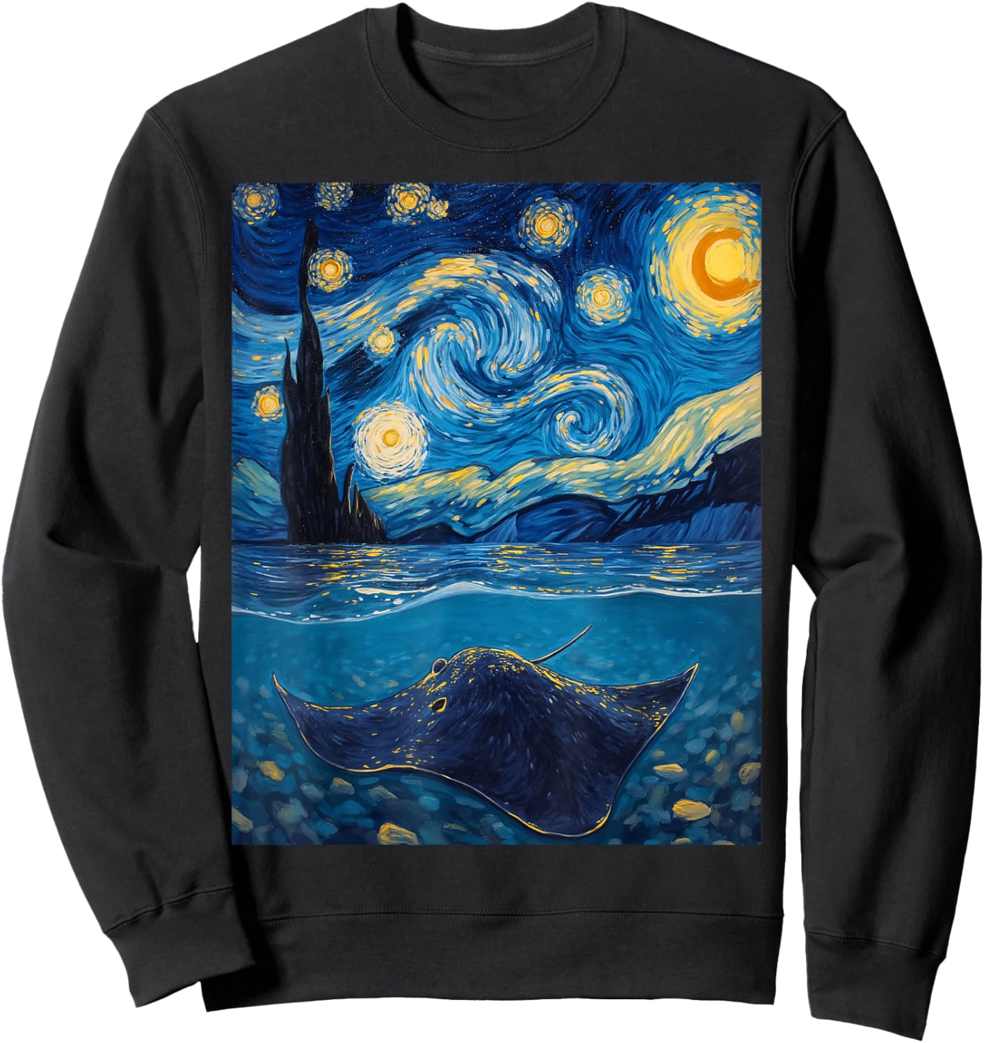 Van Gogh's Starry Night Stingray Flat Swimmer Animal Lovers Sweatshirt - Sweatshirt | Black