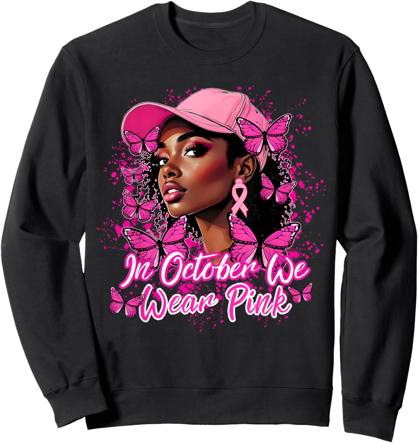 Breast Cancer Awareness African American Woman Pink Ribbon Sweatshirt - Sweatshirt | Black