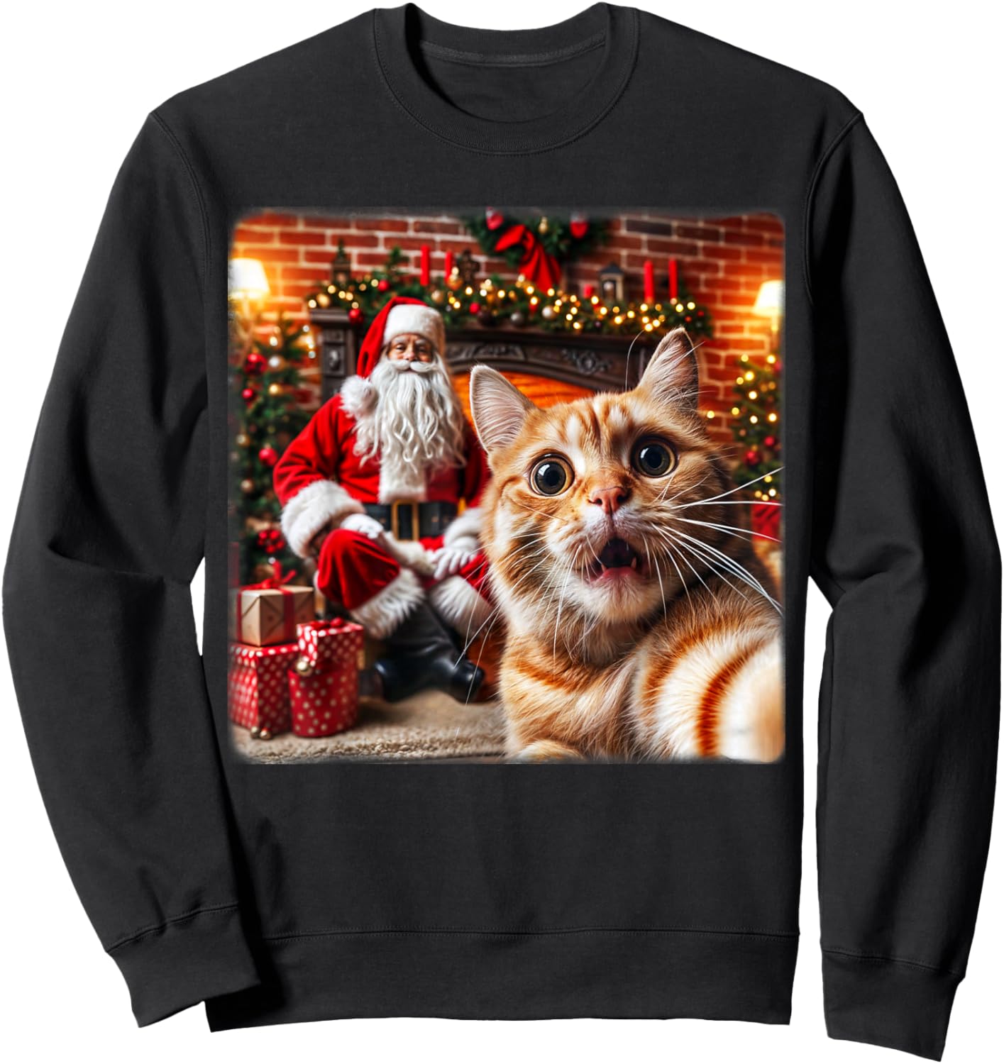 Funny Cat Selfie With Santa Claus Christmas Girls Boy Family Sweatshirt - Sweatshirt | Black