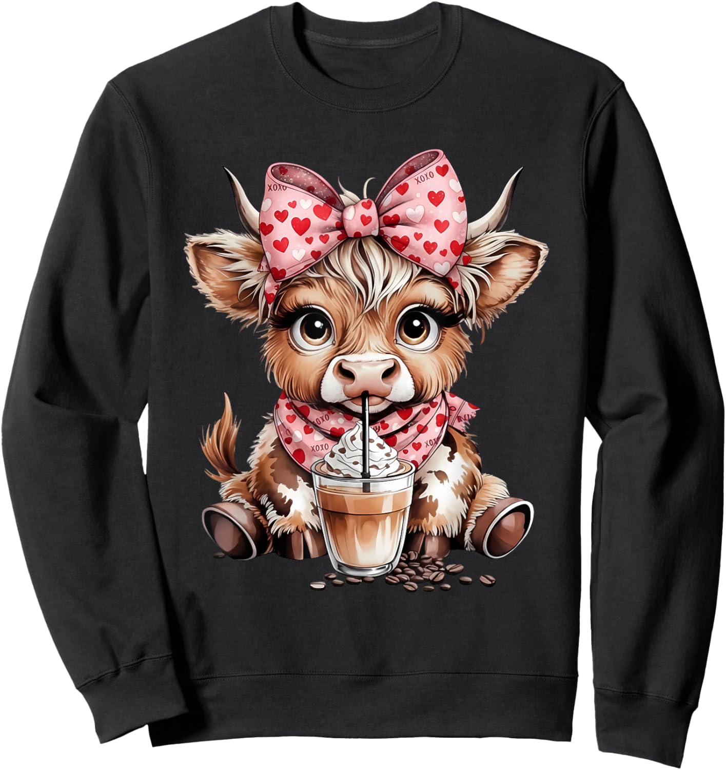 Highland Cow Coffee Leopard Bow Cowgirl Women Girls Sweatshirt - Sweatshirt | Black