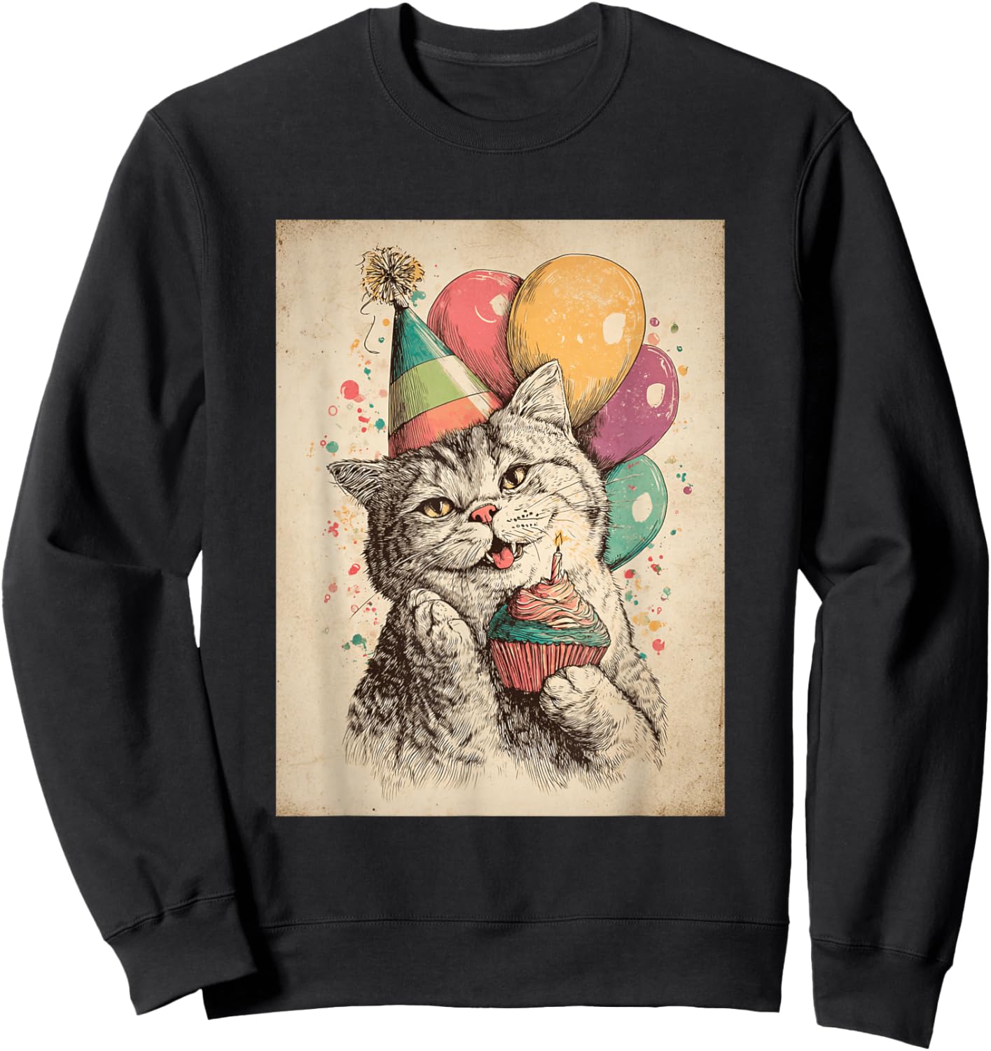 Cat Retro Art Print Birthday Party Balloons & Cupcake Sweatshirt - Sweatshirt | Black