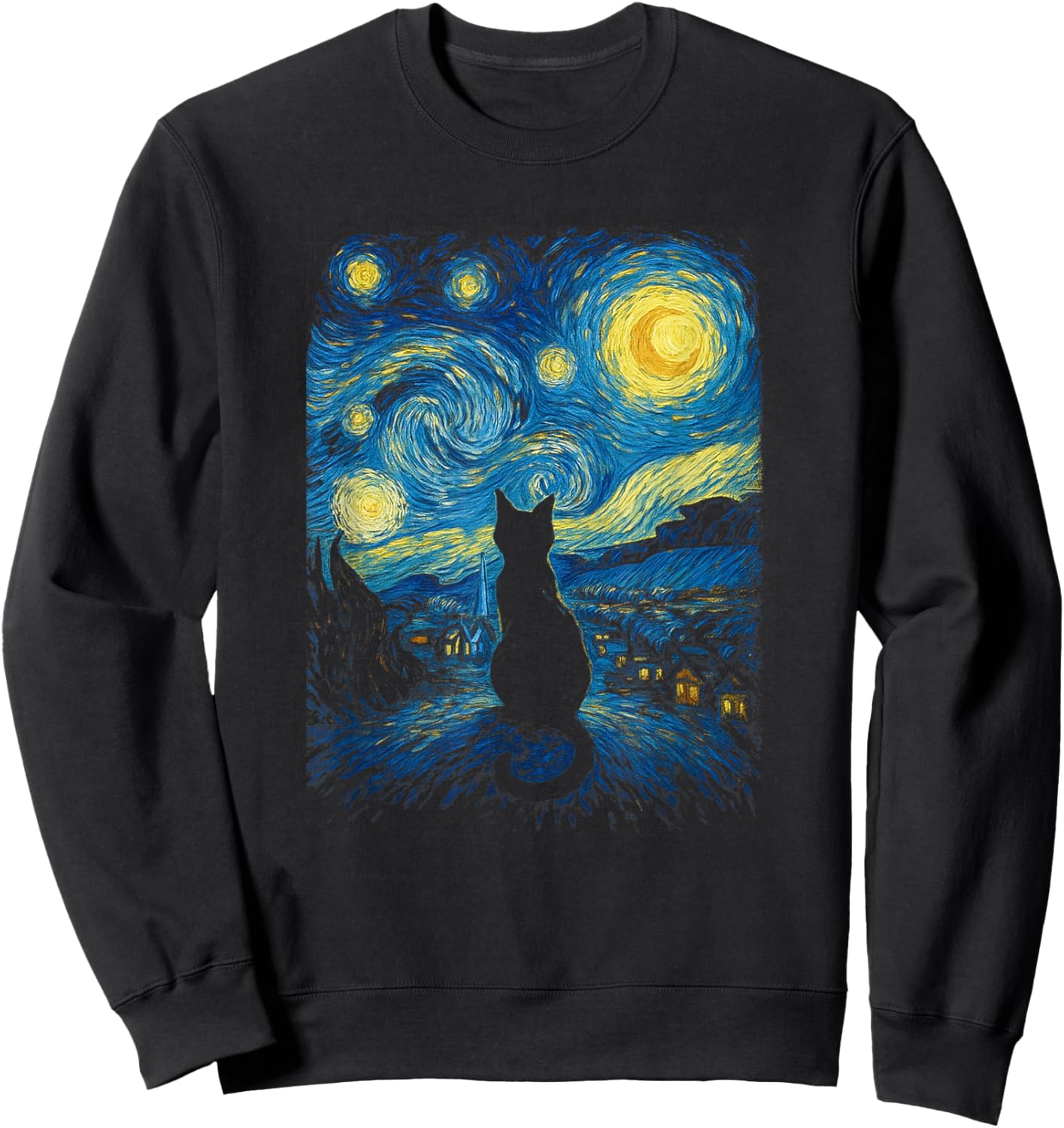 Gazing Black Cat Starry Night Sky Van Gogh Inspired Art Sweatshirt - Sweatshirt | Black