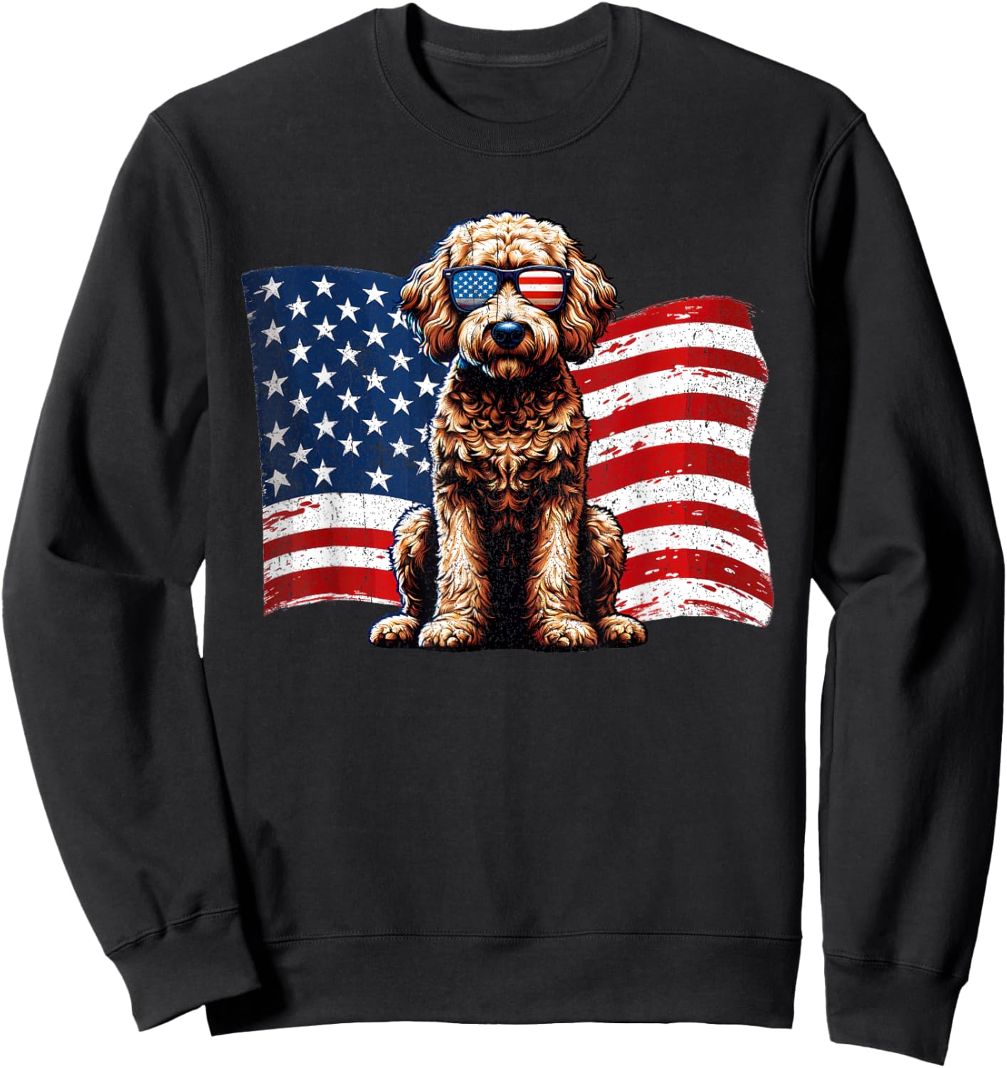 Vintage Labradoodle Dogs American Flag Sunglasses Patriotic Sweatshirt - Sweatshirt | Black