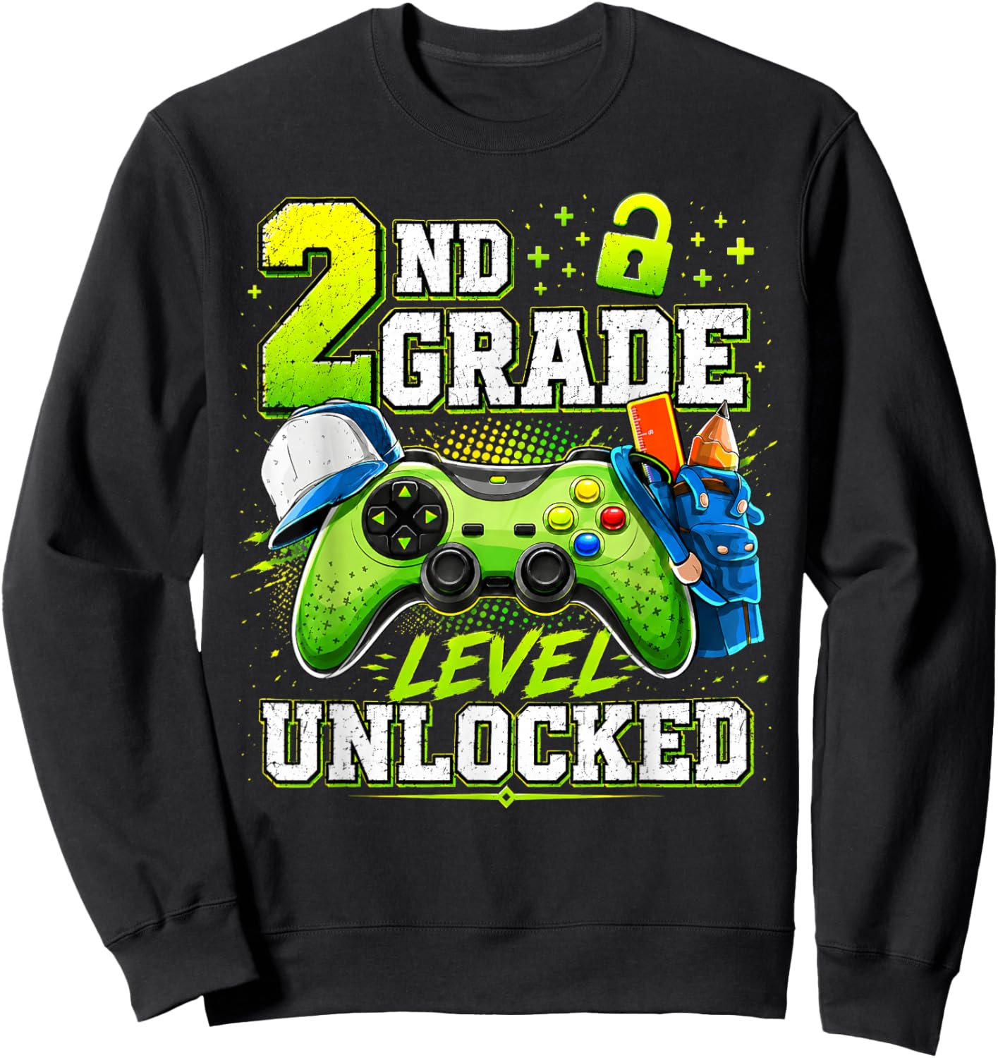Back to School 2nd Second Grade Level Unlocked Gamer Kid Sweatshirt - Sweatshirt | Black