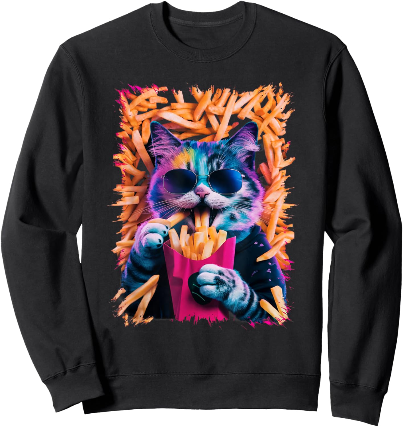 Funny Cat French Fries Humorous Potato Food Lovers Women Kids Sweatshirt - Sweatshirt | Black