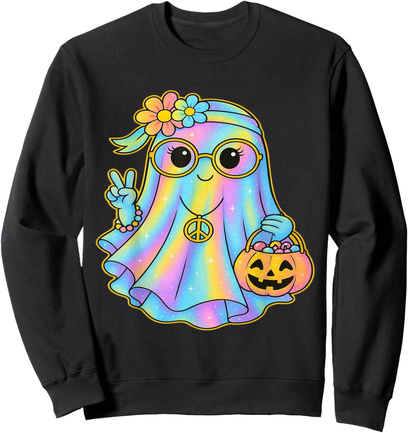 Girls Coquette Bow Ghost Pretty Pastel Hippie Halloween Sweatshirt - Sweatshirt | Black
