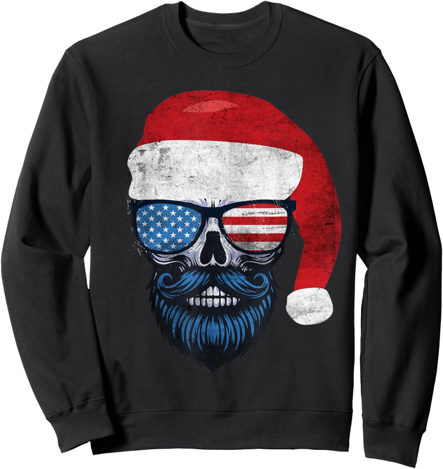 Hipster Santa US Flag Bearded Skull Sunglasses Patriotic Sweatshirt - Sweatshirt | Black