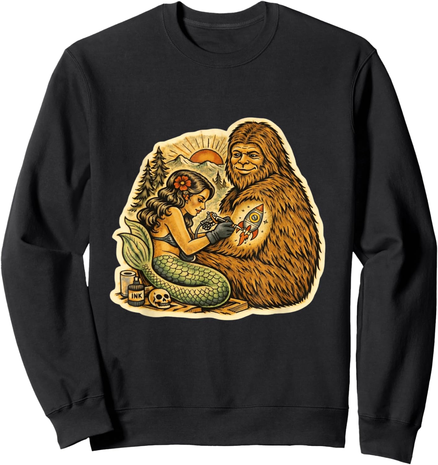 Bigfoot Mermaid Tattoo Funny Cryptid Art Graphic Sweatshirt - Sweatshirt | Black