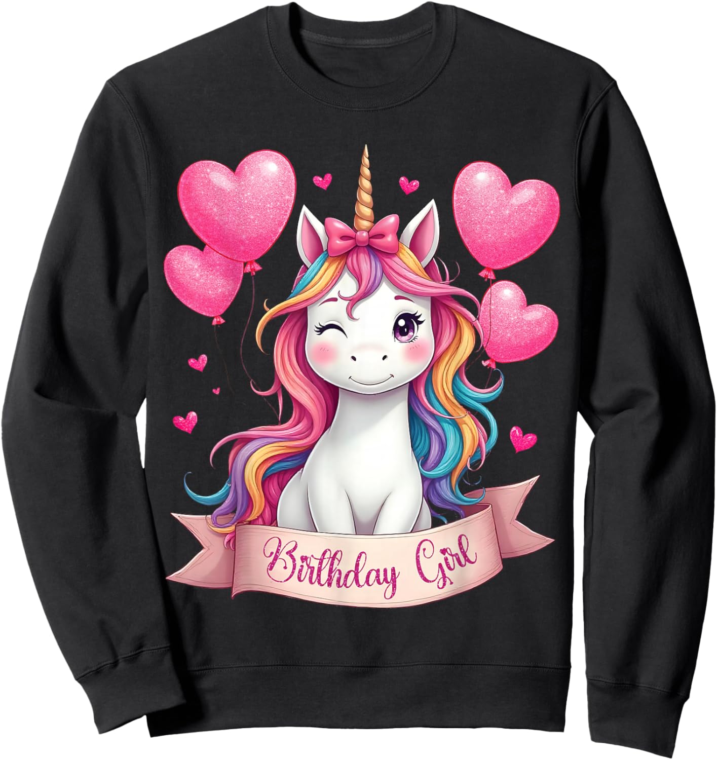 Unicorn Birthday Girl Rainbow Unicorn with Heart Balloons Sweatshirt - Sweatshirt | Black