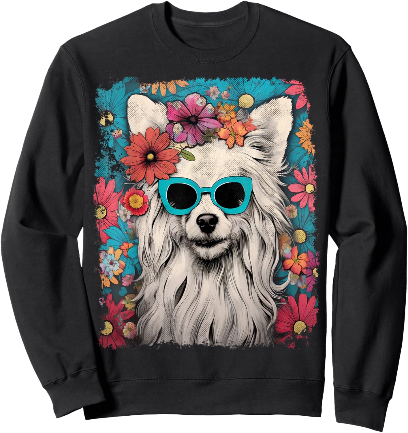 Pet Dog Face Vintage Chinese Crested Dog Floral Graphic Sweatshirt - Sweatshirt | Black
