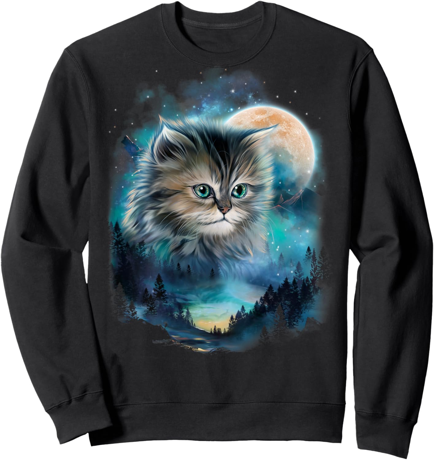 Mystical Cat Under Moonlit Forest Sky Men Women Kids Sweatshirt - Sweatshirt | Black