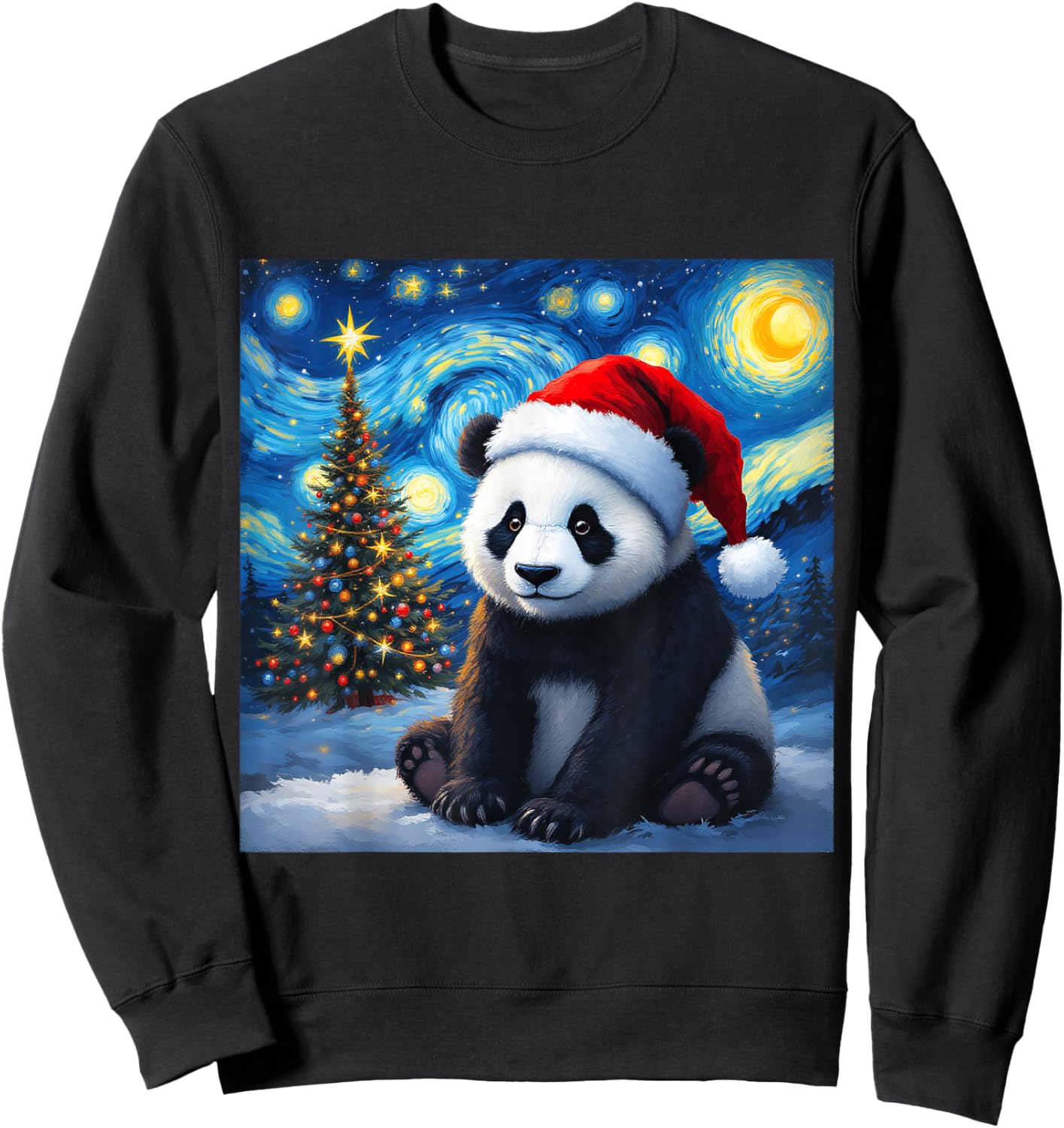 Christmas Panda Santa Hat Van Gogh Starry Night Holiday Sweatshirt - Sweatshirt | Black