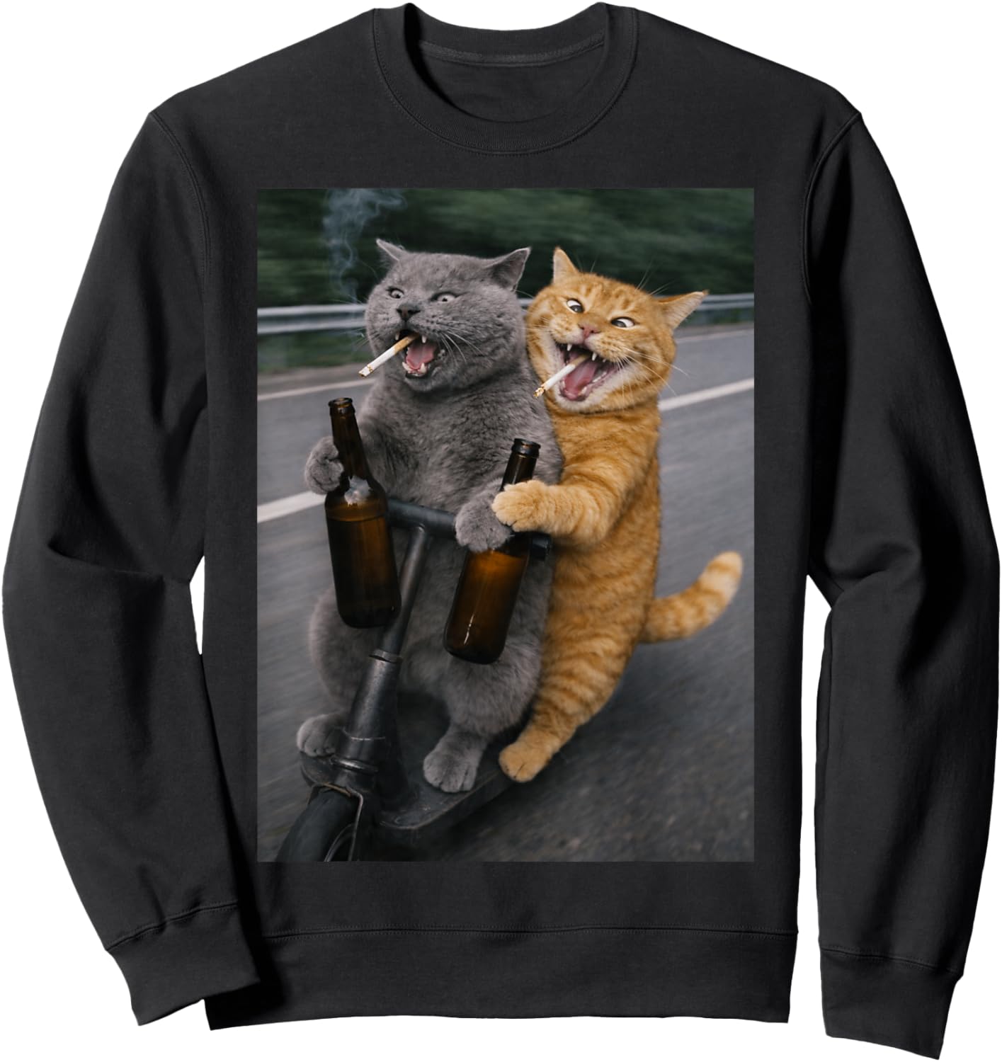 Funny Cat Smoking Cigarette and Drinking Sweatshirt - Sweatshirt | Black