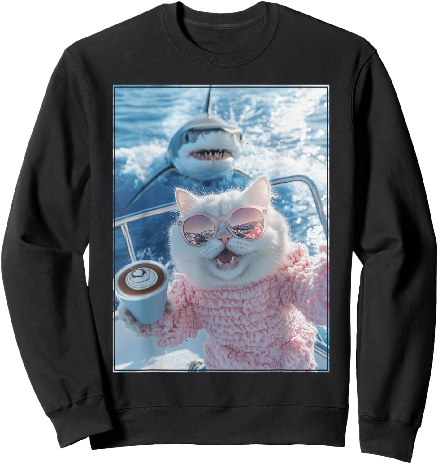 Cat with Sunglasses and Coffee on Yacht Boat Shark Cat Meme Sweatshirt - Sweatshirt | Black