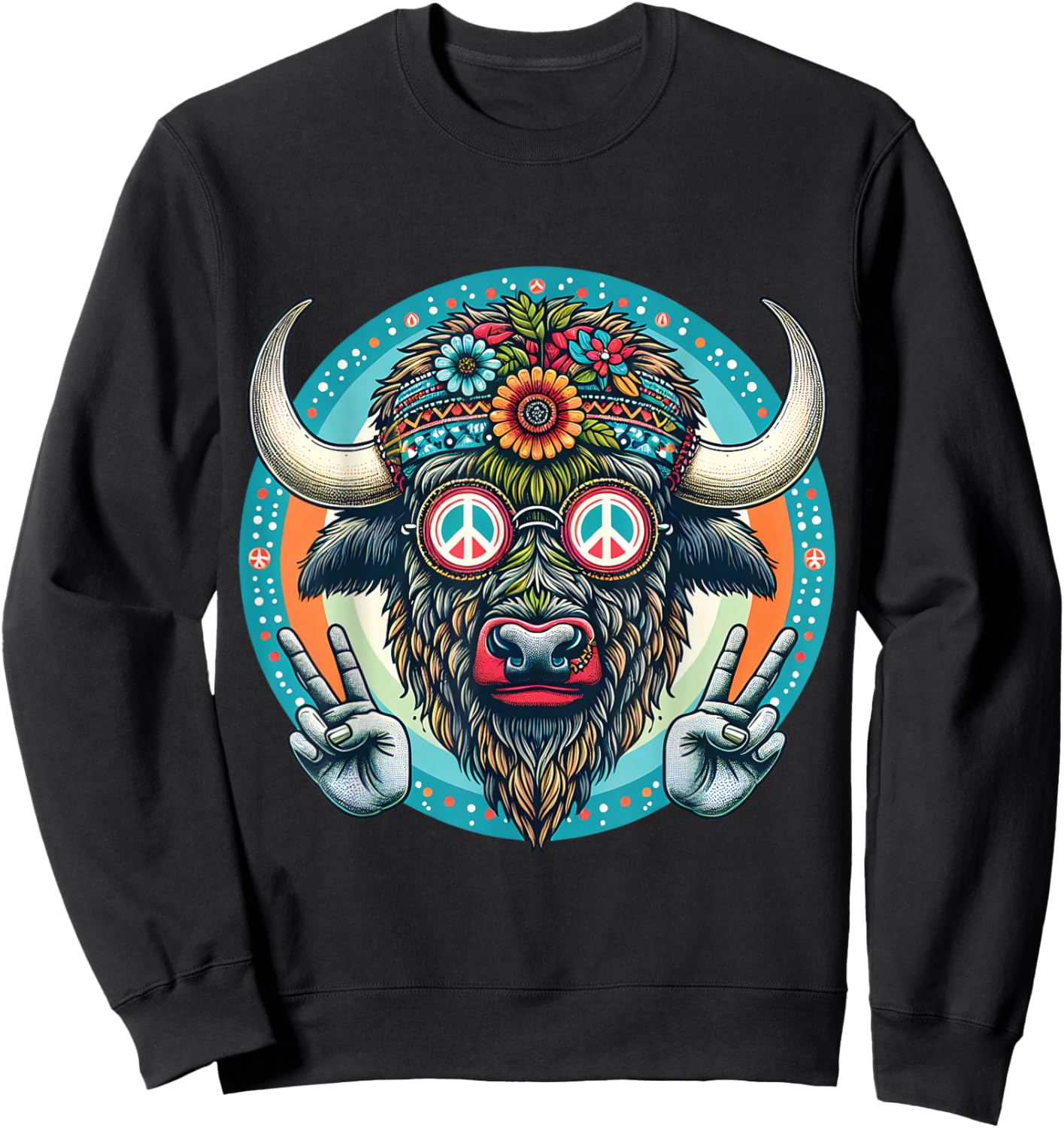 Buffalo Hippie with Peace signs floral Sweatshirt - Sweatshirt | Black