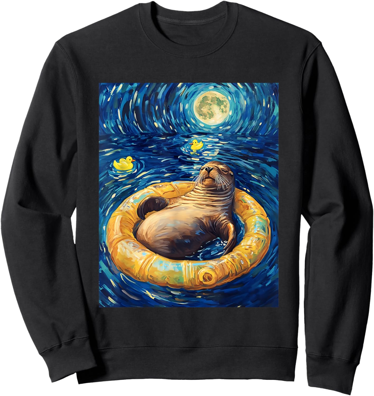 Sea Lions Illustration Starry Night Sweatshirt - Sweatshirt | Black