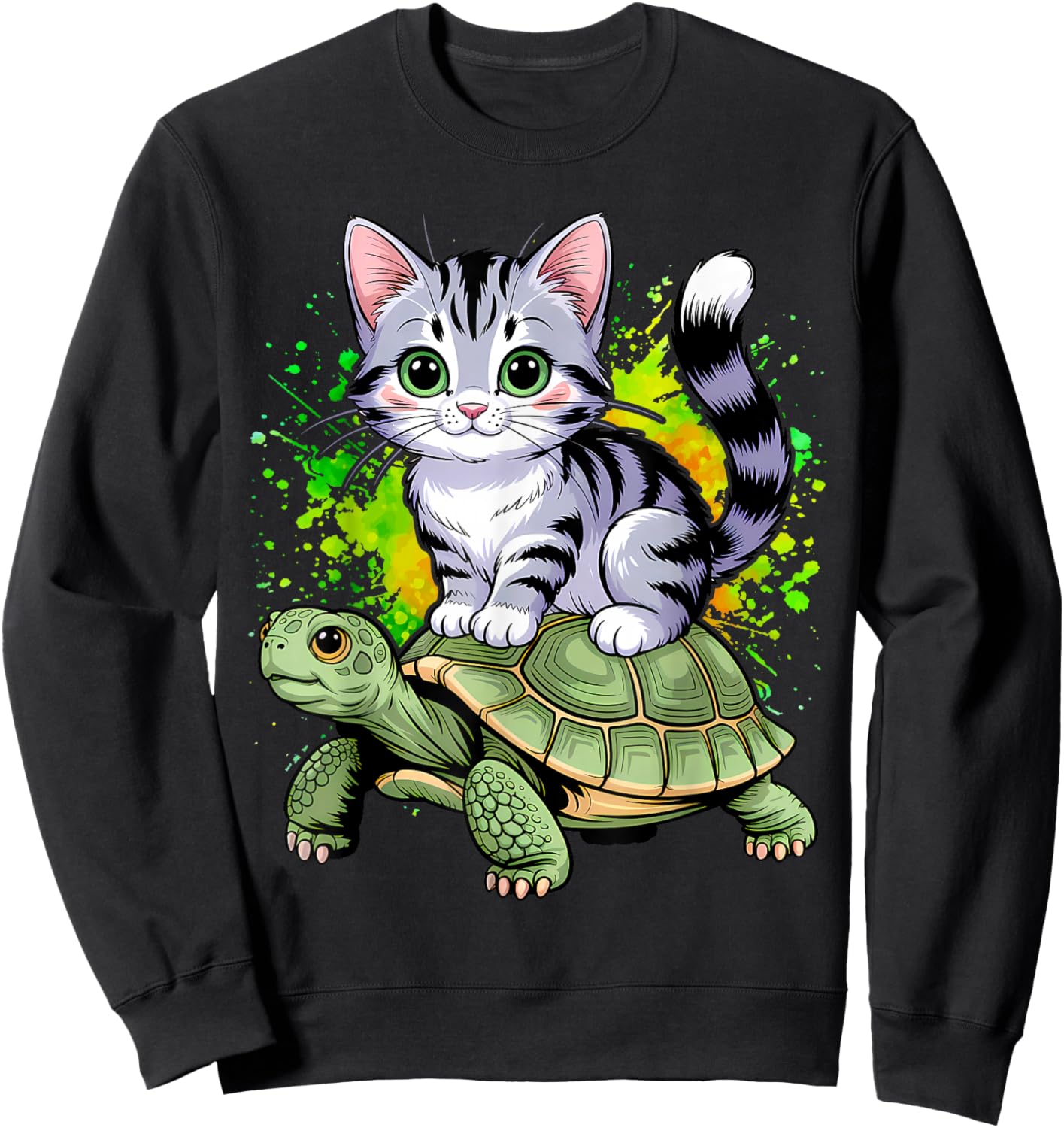 Cat Riding Turtle Lover Men Women Girls Kids Sweatshirt - Sweatshirt | Black