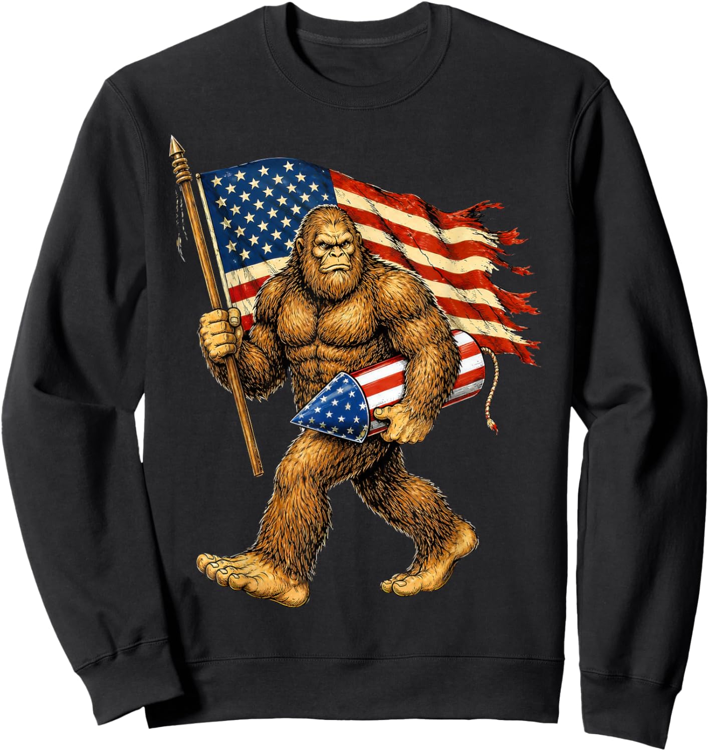 Bigfoot Fireworks 4th of July Men Sasquatch American Flag Sweatshirt - Sweatshirt | Black