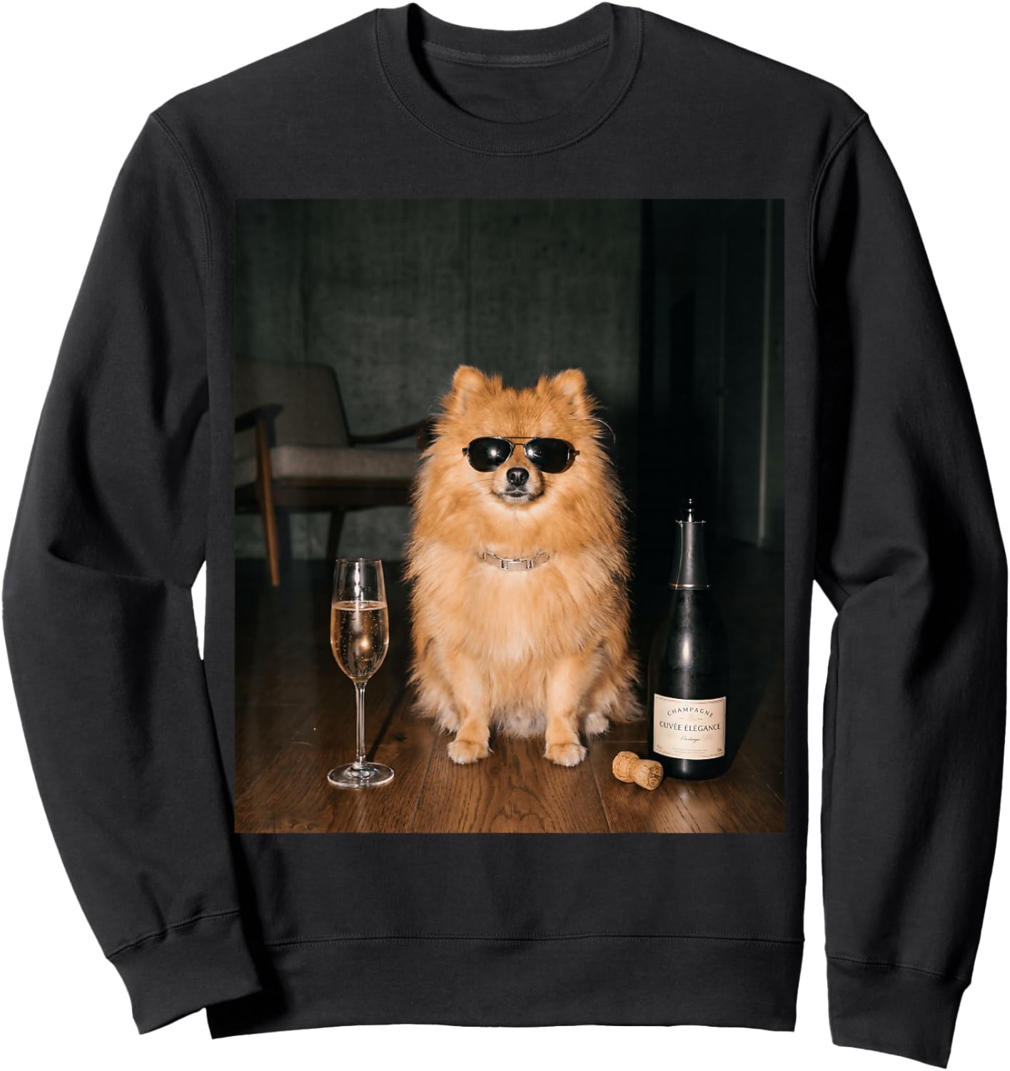 Pomeranian Drinking Champagne Funny Fathers Day Sweatshirt - Sweatshirt | Black