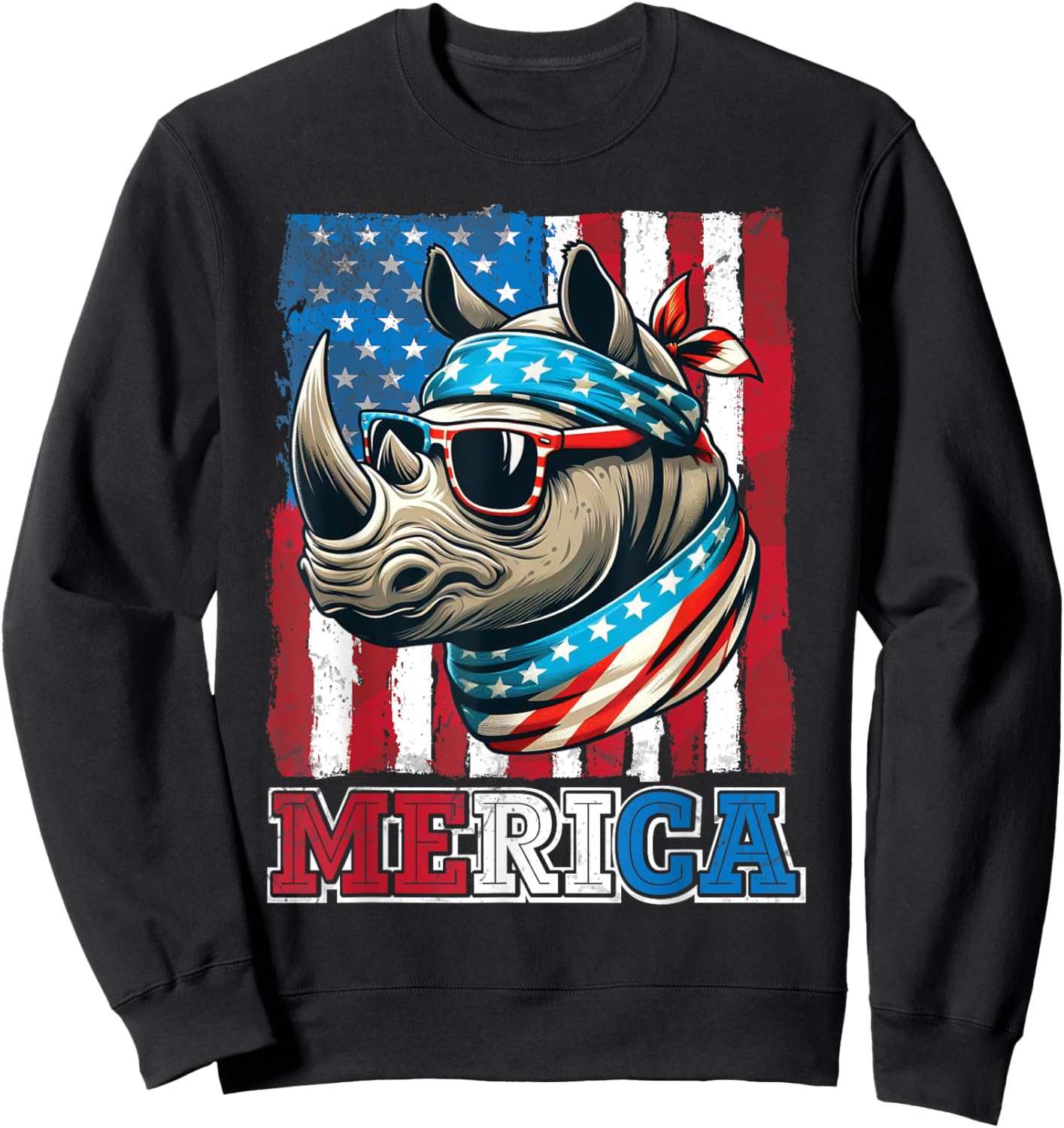 Rhino Wearing US Flag Costume Independence July 4th MERICA Women Men Sweatshirt - Sweatshirt | Black