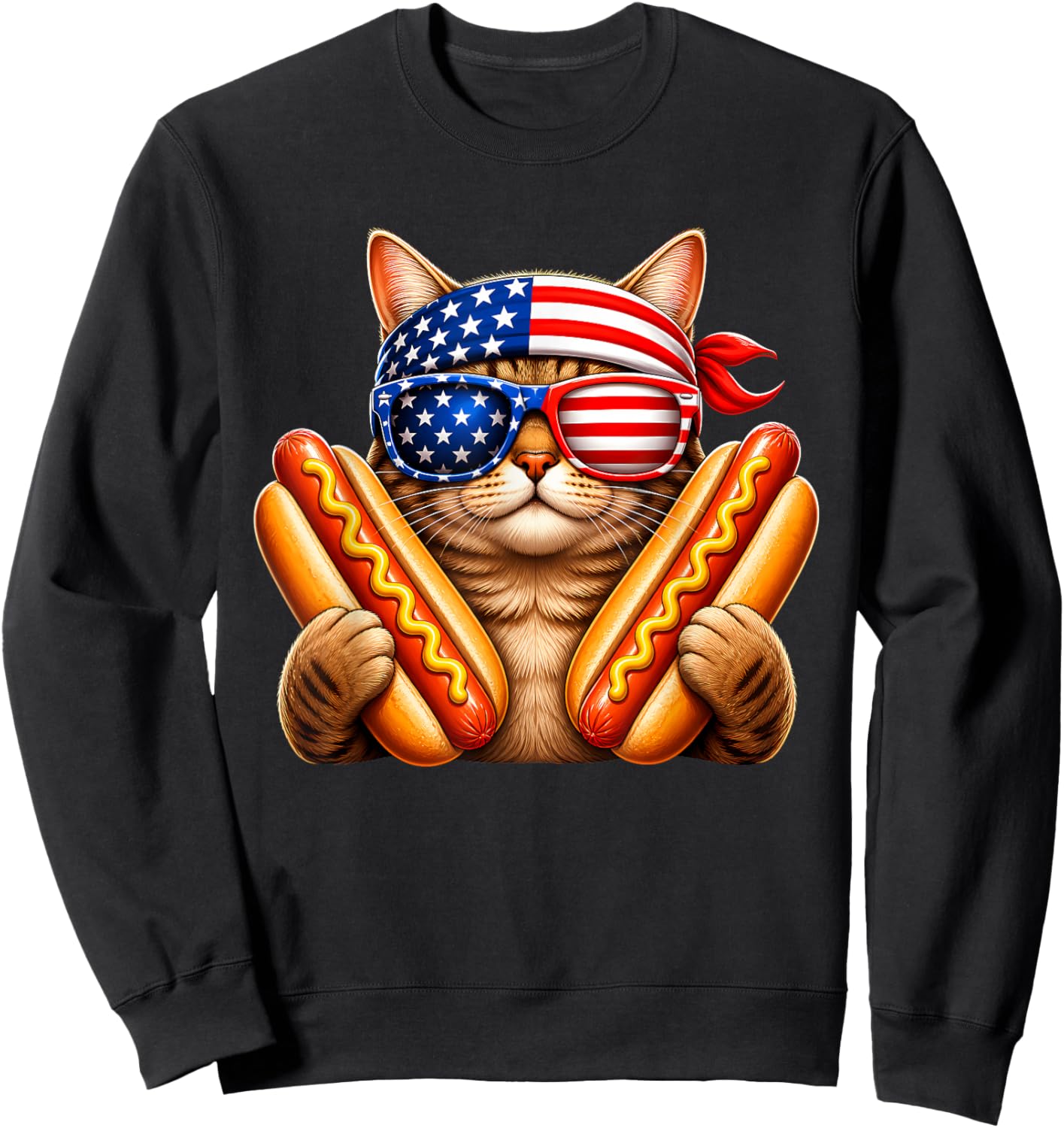 Funny Cat Hotdog 4th of July Patriotic USA Flag Men Women Sweatshirt - Sweatshirt | Black