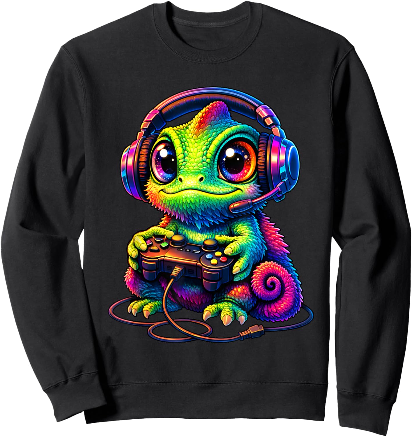 Gaming Chameleon with Headset Boys Teen Men Girls Funny Gift Sweatshirt - Sweatshirt | Black