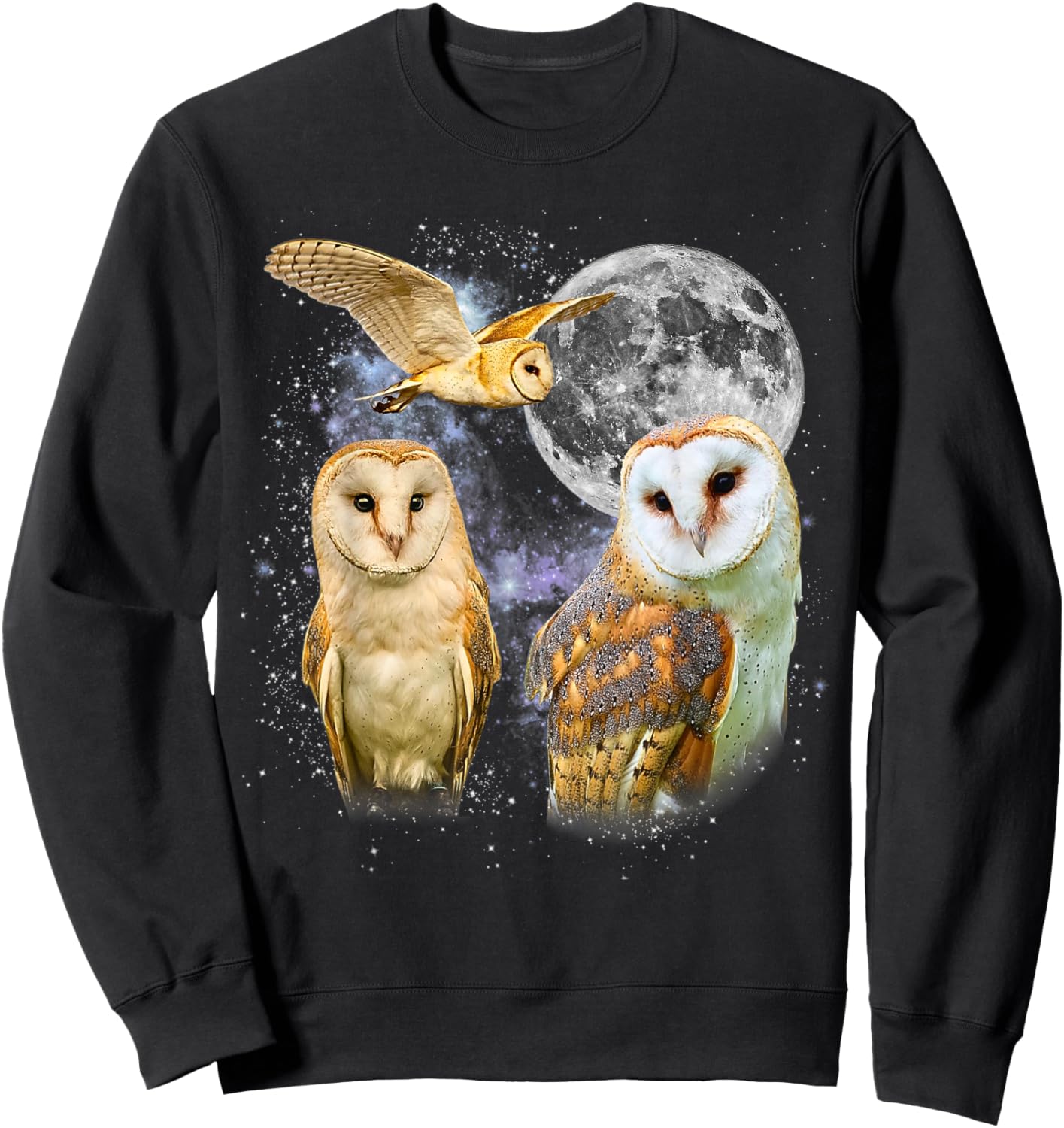 Three Barn Owl Moon Retro Graphic 90s Vintage Sweatshirt - Sweatshirt | Black