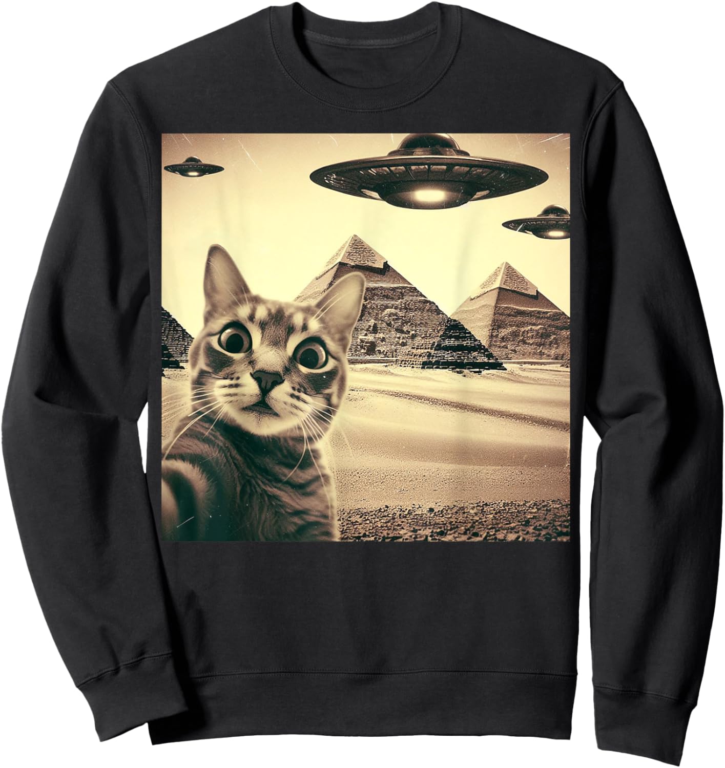 Cat Selfie With Alien UFO Funny Cat Gifts Women Kid Sweatshirt - Sweatshirt | Black
