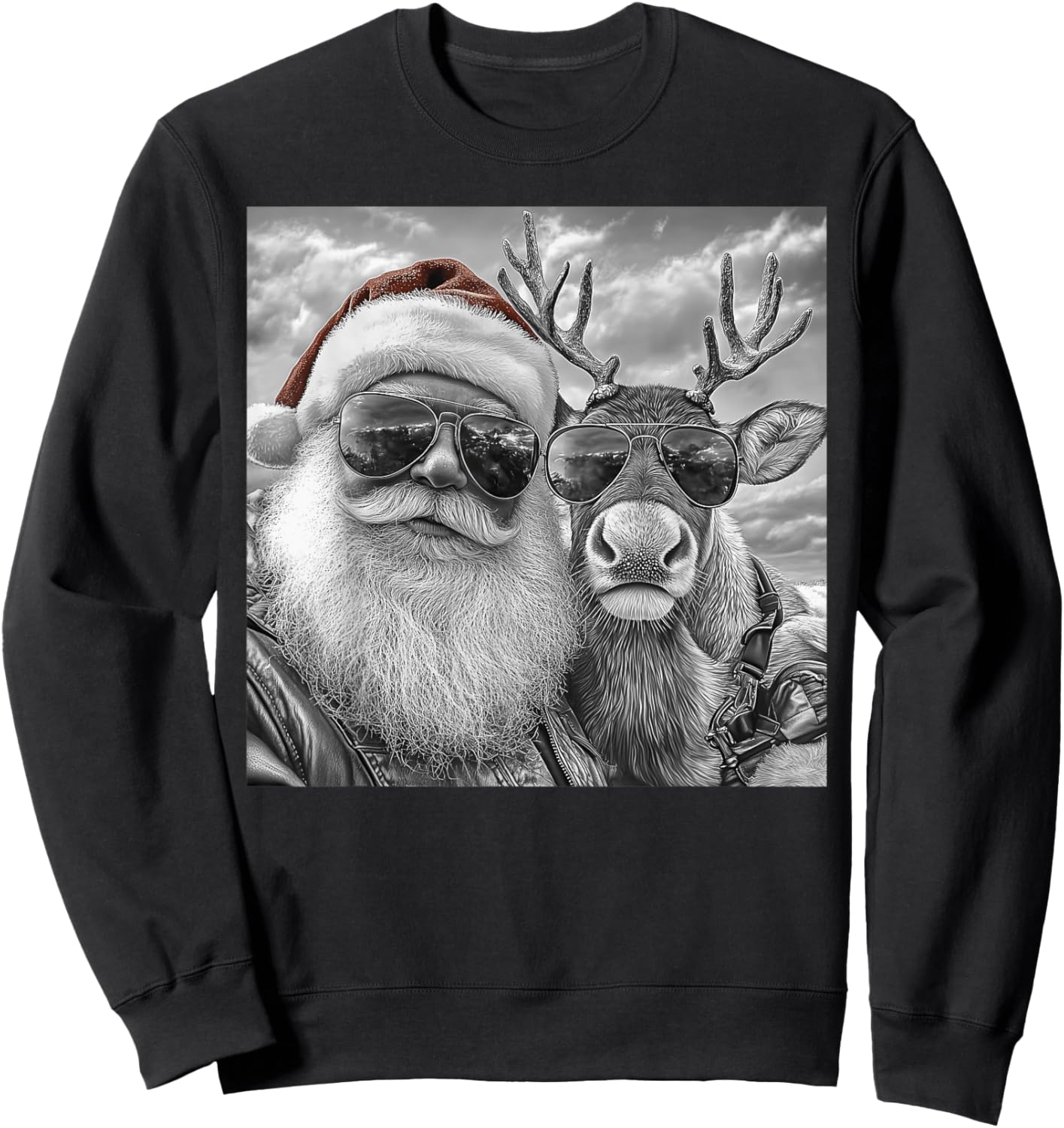 Funny Santa Claus Reindeer Selfie, Cool Retro Christmas Sweatshirt - Sweatshirt | Black