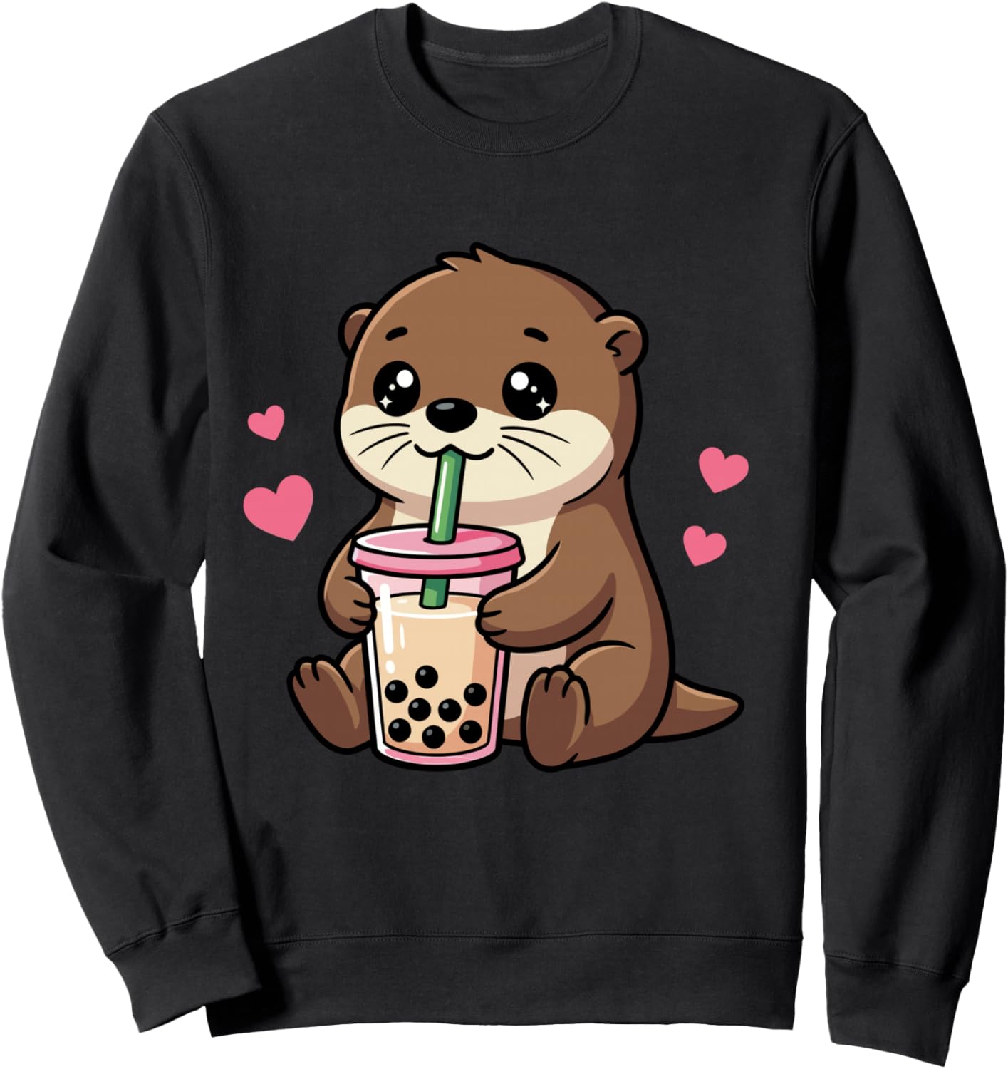 Kawaii Otter Boba Tea Dessin animé Animal Manche Longue Sweatshirt - Sweatshirt | Black