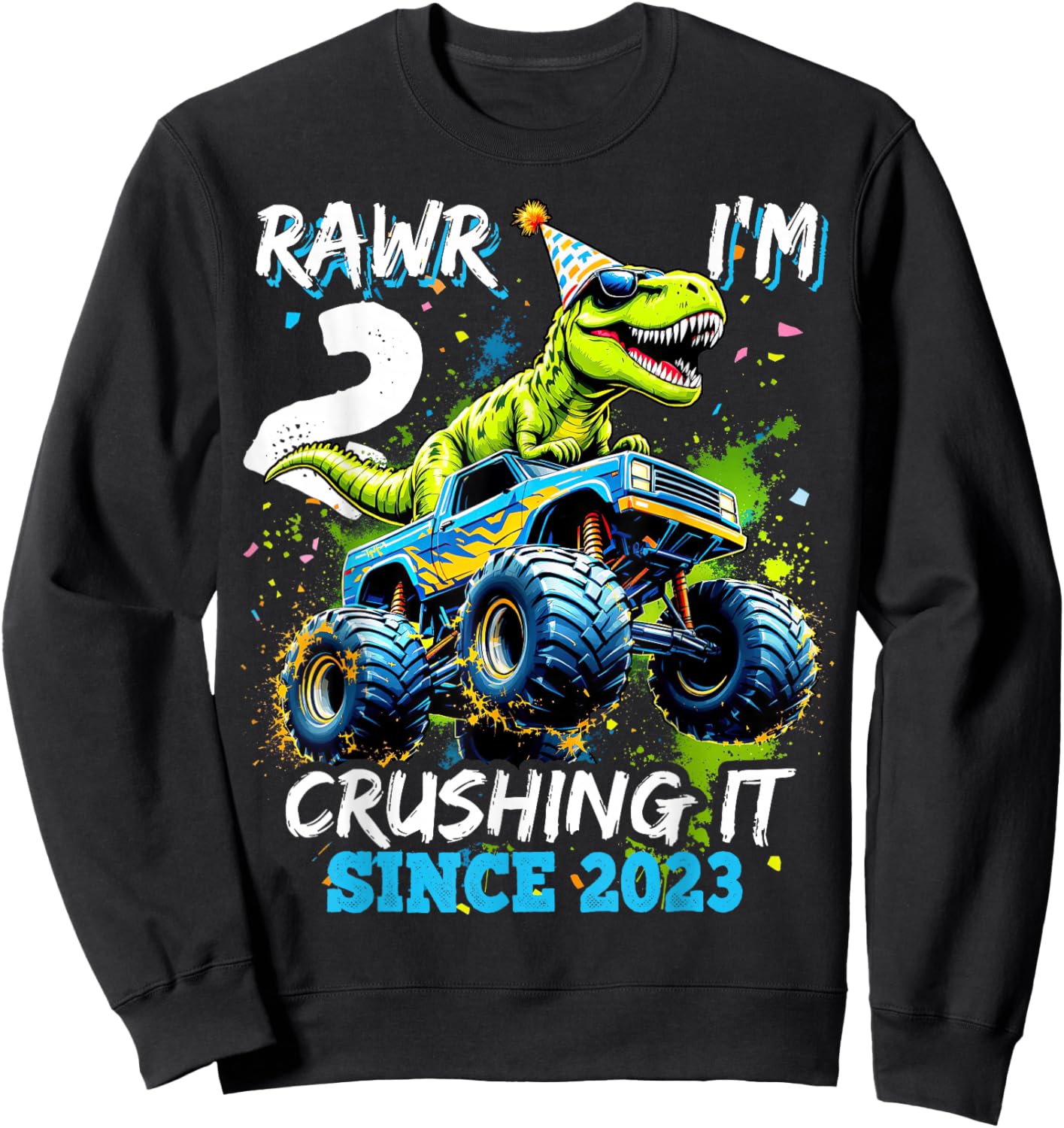 2nd Birthday Monster Truck Dinosaur Party Boys Rawr I'm 2 Sweatshirt - Sweatshirt | Black